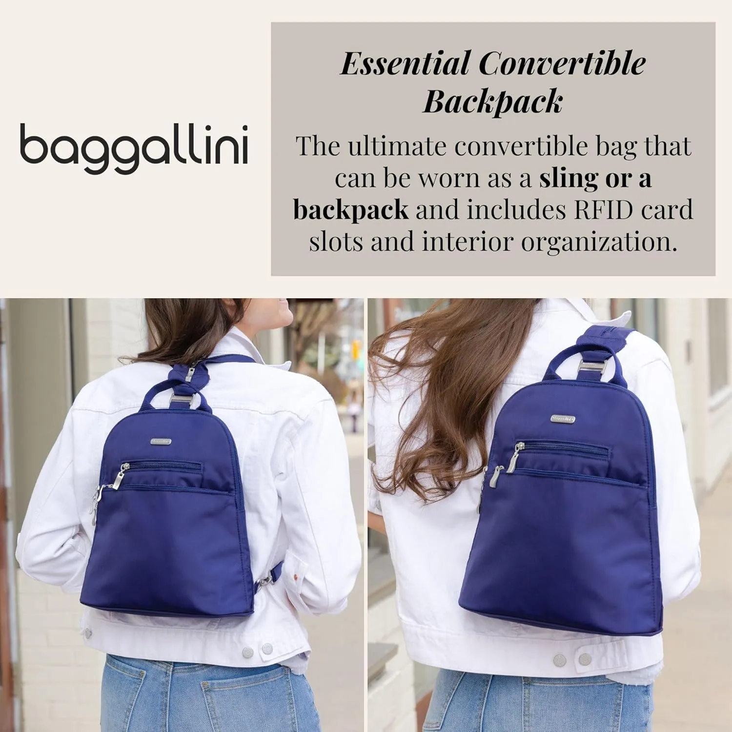 Baggallini Essential Mini Backpack Purse for Women - Built-in RFID Card Holder - Convertible Sling Bag with Adjustable Shoulder Strap, Charcoal Gray