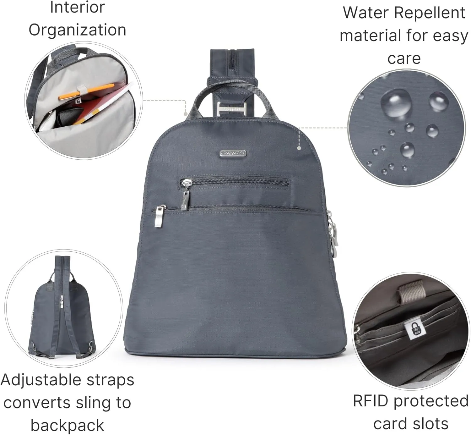 Baggallini Essential Mini Backpack Purse for Women - Built-in RFID Card Holder - Convertible Sling Bag with Adjustable Shoulder Strap, Charcoal Gray