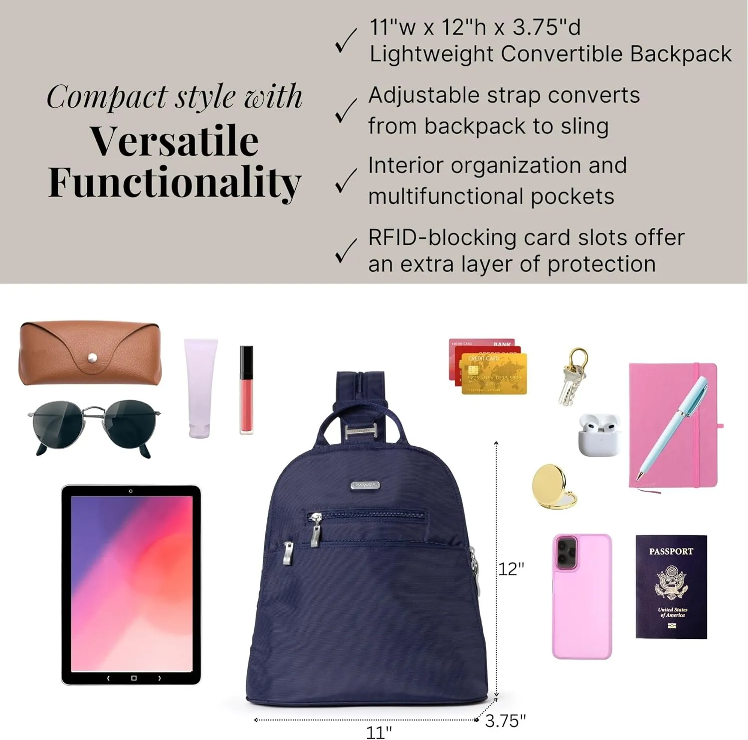 Baggallini Essential Mini Backpack Purse for Women - Built-in RFID Card Holder - Convertible Sling Bag with Adjustable Shoulder Strap