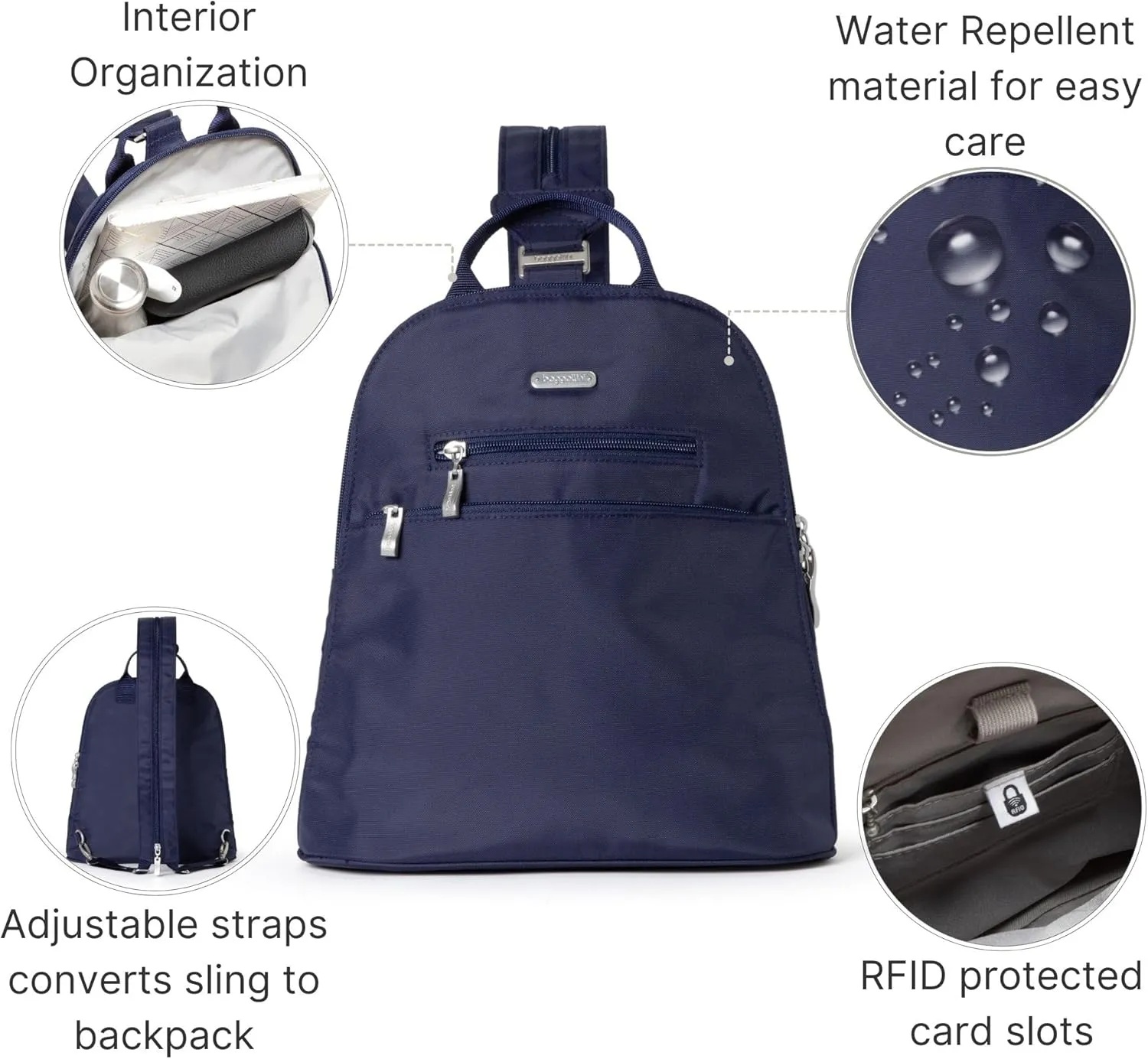 Baggallini Essential Mini Backpack Purse for Women - Built-in RFID Card Holder - Convertible Sling Bag with Adjustable Shoulder Strap