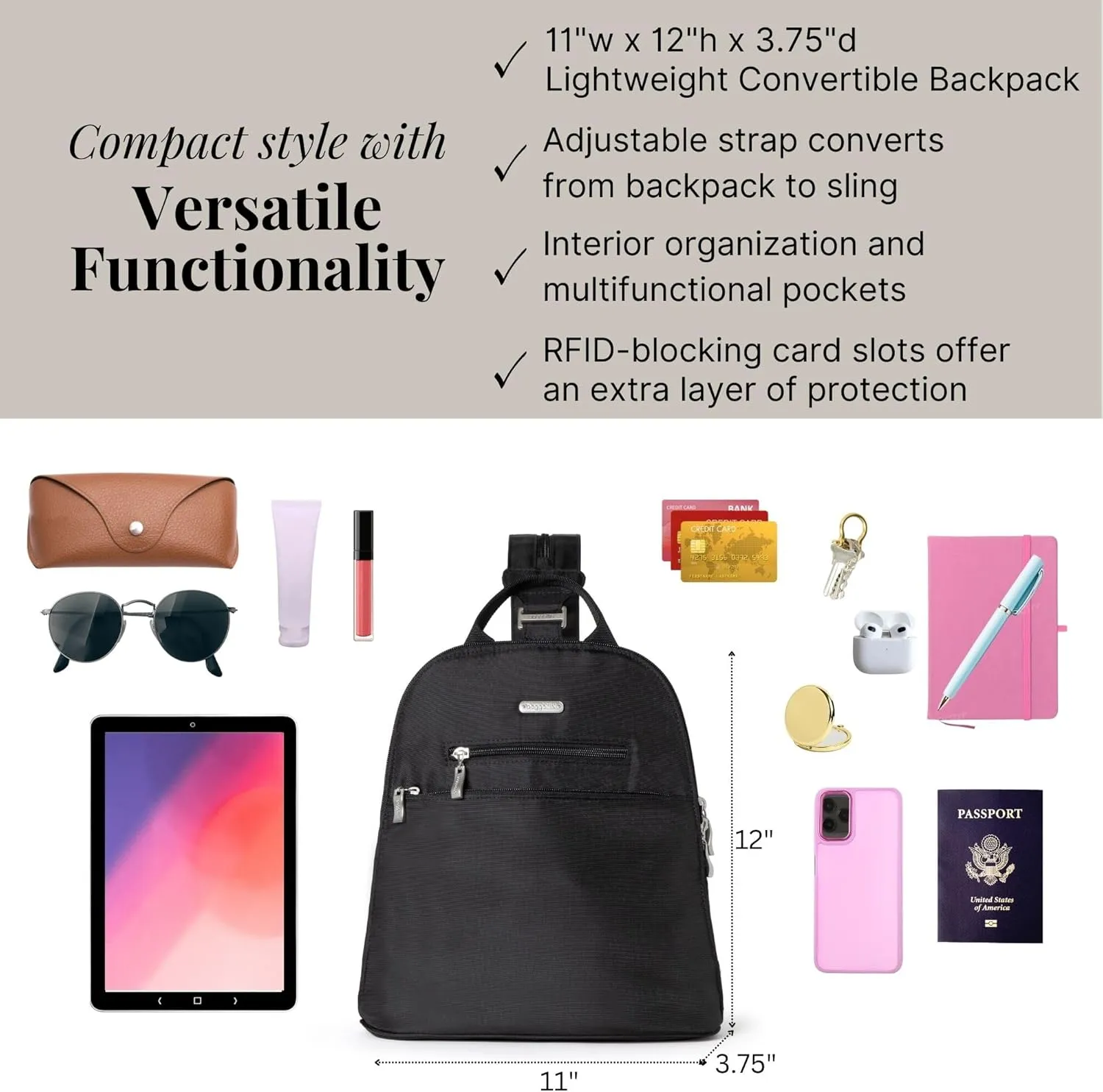Baggallini Essential Mini Backpack Purse for Women - Built-in RFID Card Holder - Convertible Sling Bag with Adjustable Shoulder Strap