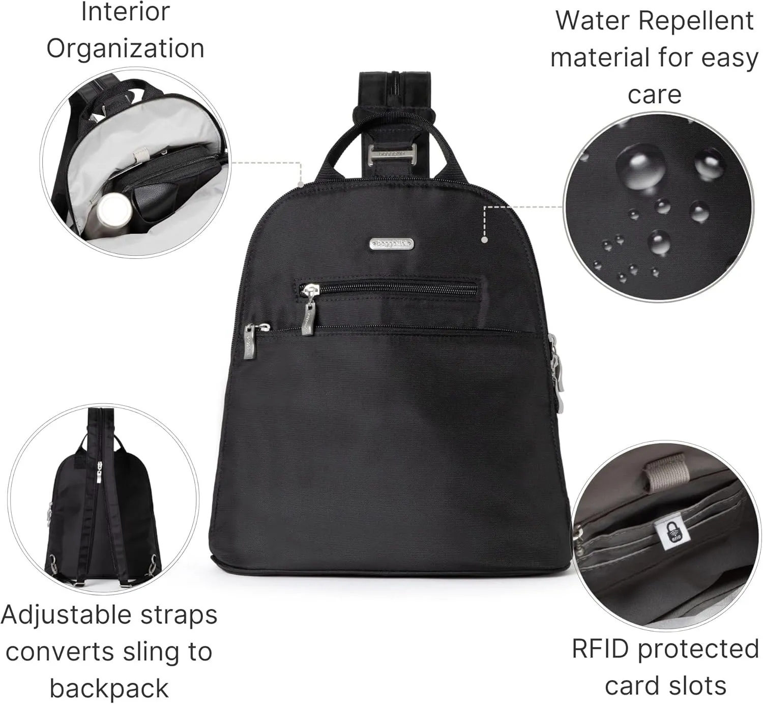 Baggallini Essential Mini Backpack Purse for Women - Built-in RFID Card Holder - Convertible Sling Bag with Adjustable Shoulder Strap
