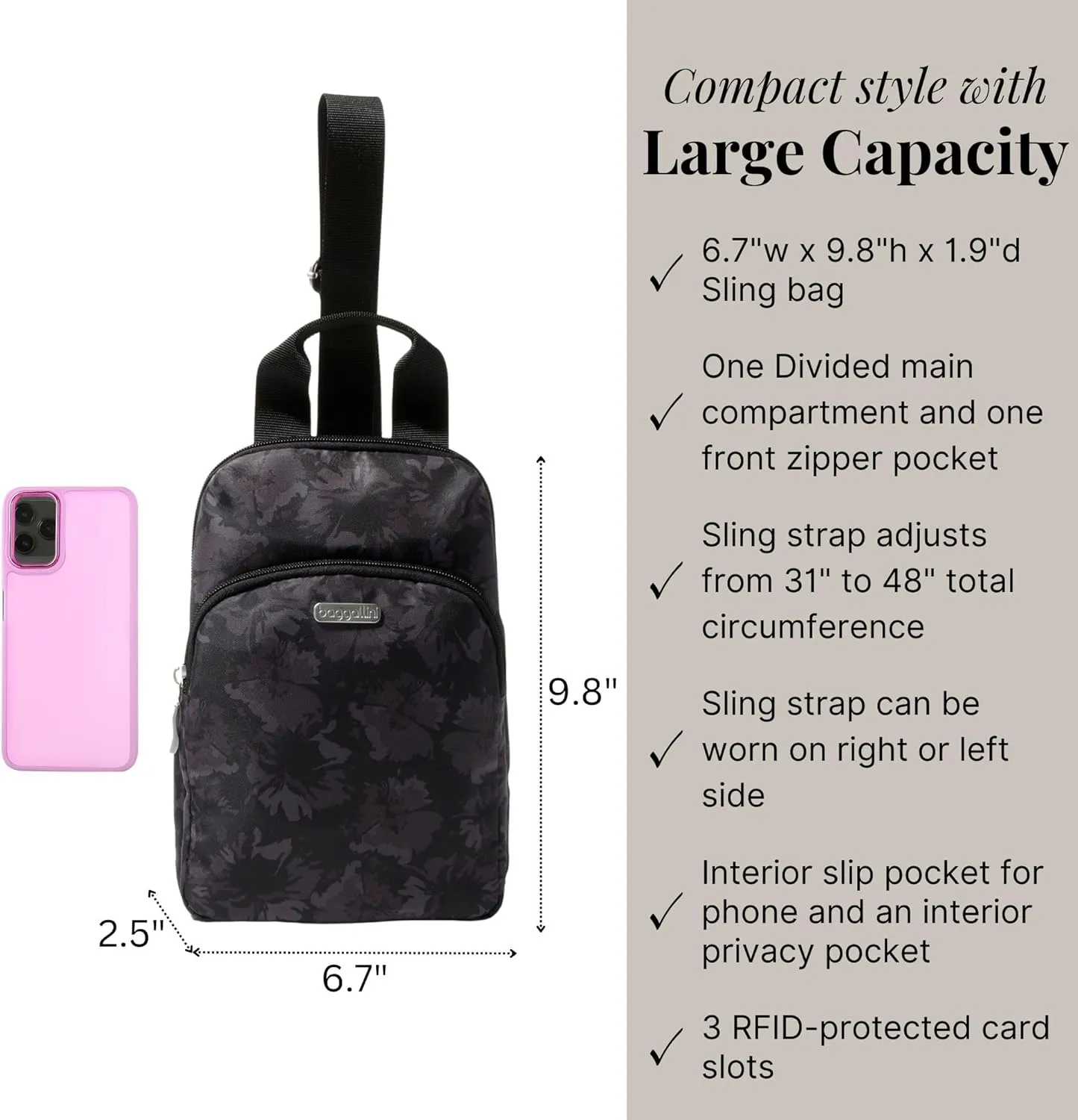 Baggallini Essential Small 12x7 Inch Sling Crossbody Bag with Convertible Adjustable Shoulder Strap