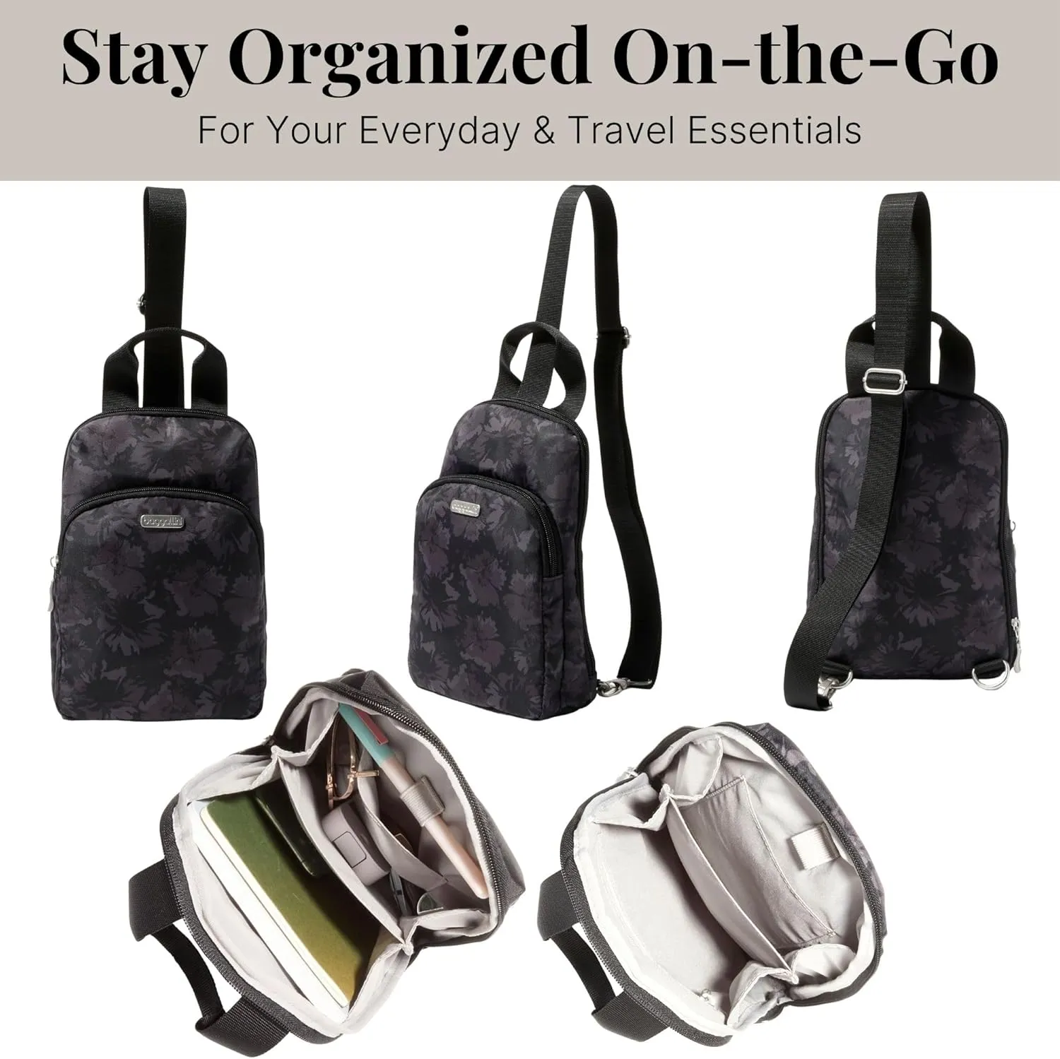 Baggallini Essential Small 12x7 Inch Sling Crossbody Bag with Convertible Adjustable Shoulder Strap