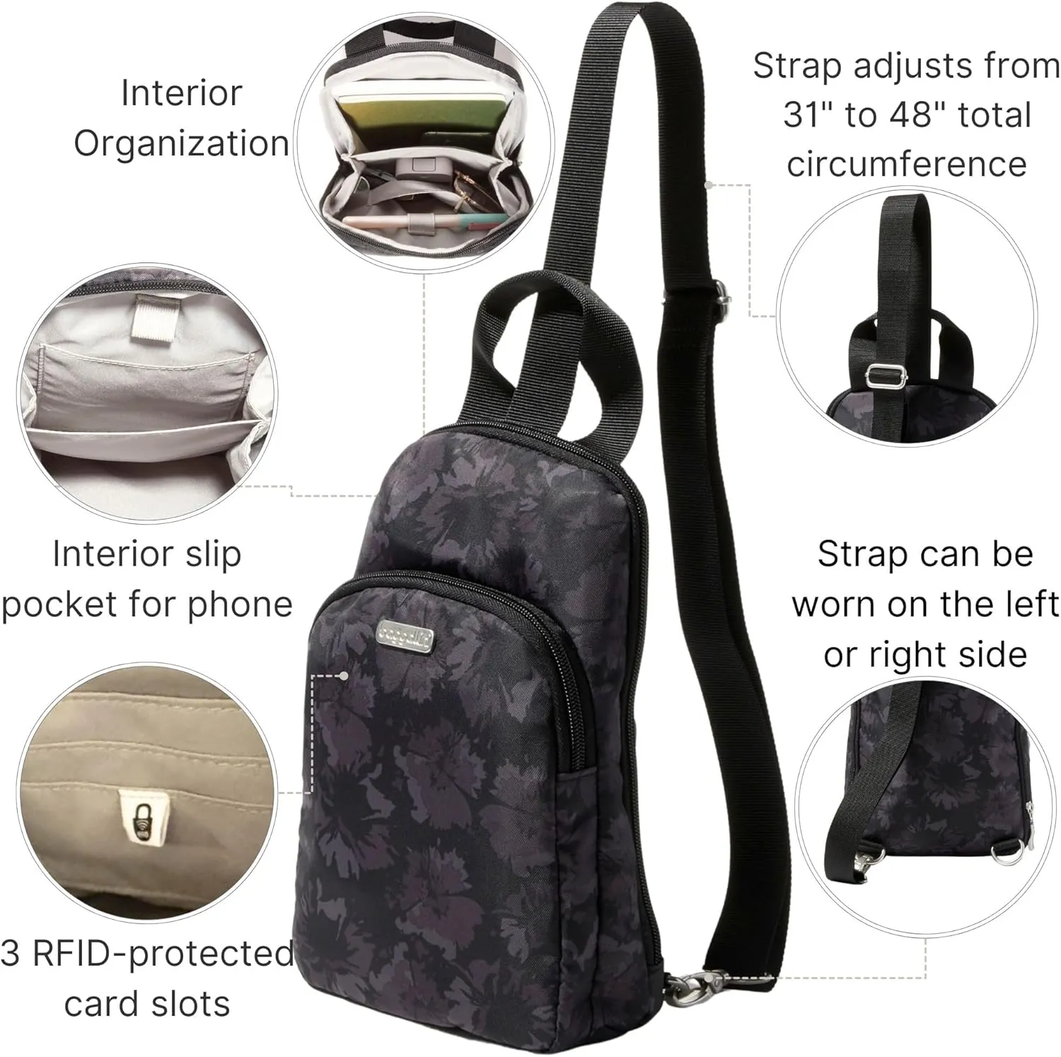 Baggallini Essential Small 12x7 Inch Sling Crossbody Bag with Convertible Adjustable Shoulder Strap