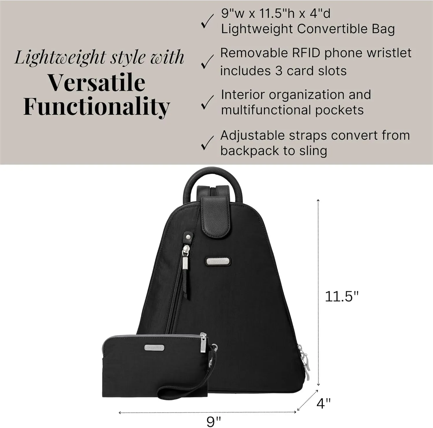 Baggallini Metro Backpack with RFID Phone Wristlet - 9x11 Convertible Sling Bag for Women with Adjustable Shoulder Straps