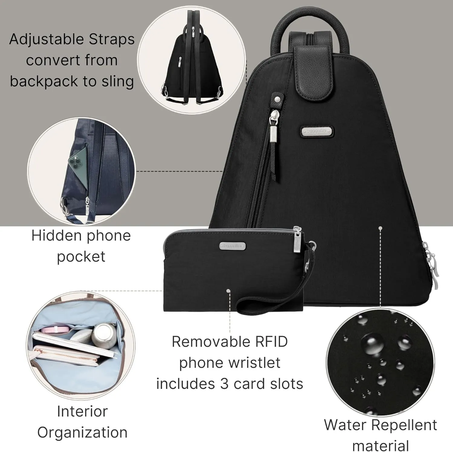 Baggallini Metro Backpack with RFID Phone Wristlet - 9x11 Convertible Sling Bag for Women with Adjustable Shoulder Straps