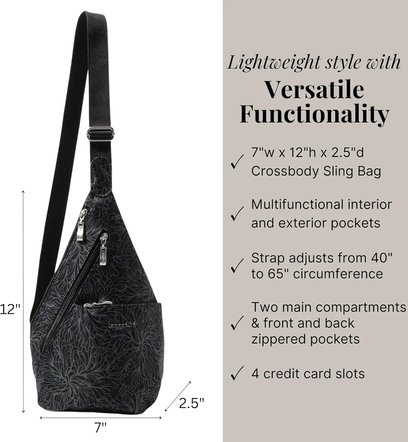 Baggallini Mini Sling - 12x7 Sling Crossbody Bag Backpack with Adjustable Shoulder Strap