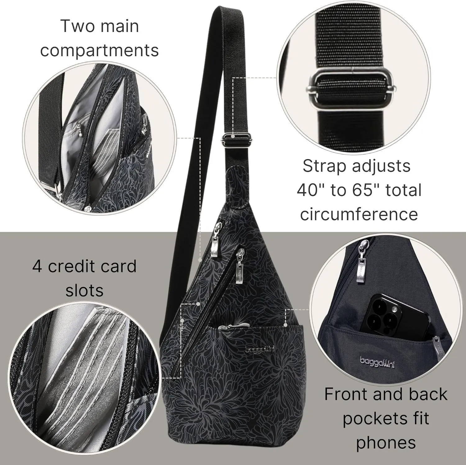 Baggallini Mini Sling - 12x7 Sling Crossbody Bag Backpack with Adjustable Shoulder Strap