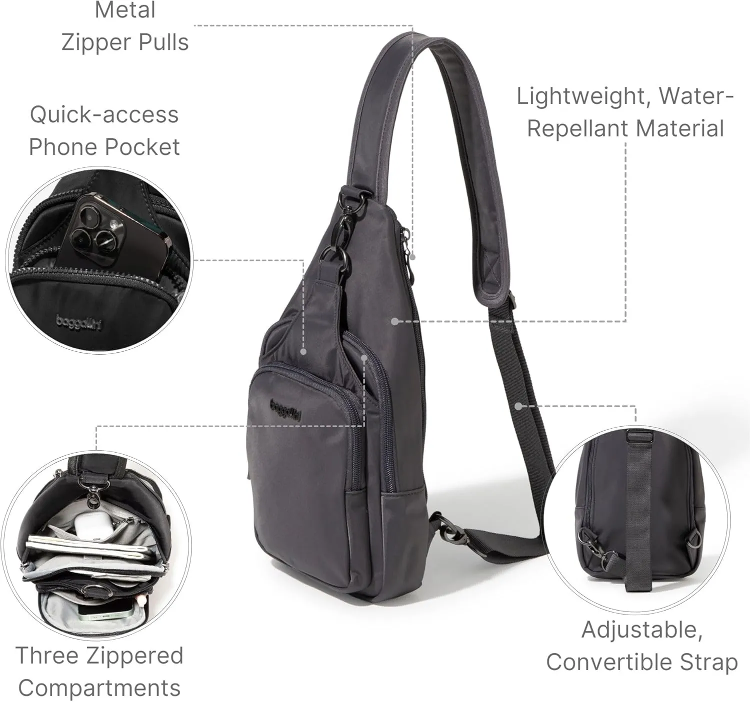 Baggallini Women's Central Park Sling 12"x7" Crossbody Bag W/Convertible Adjustable Shoulder Strap