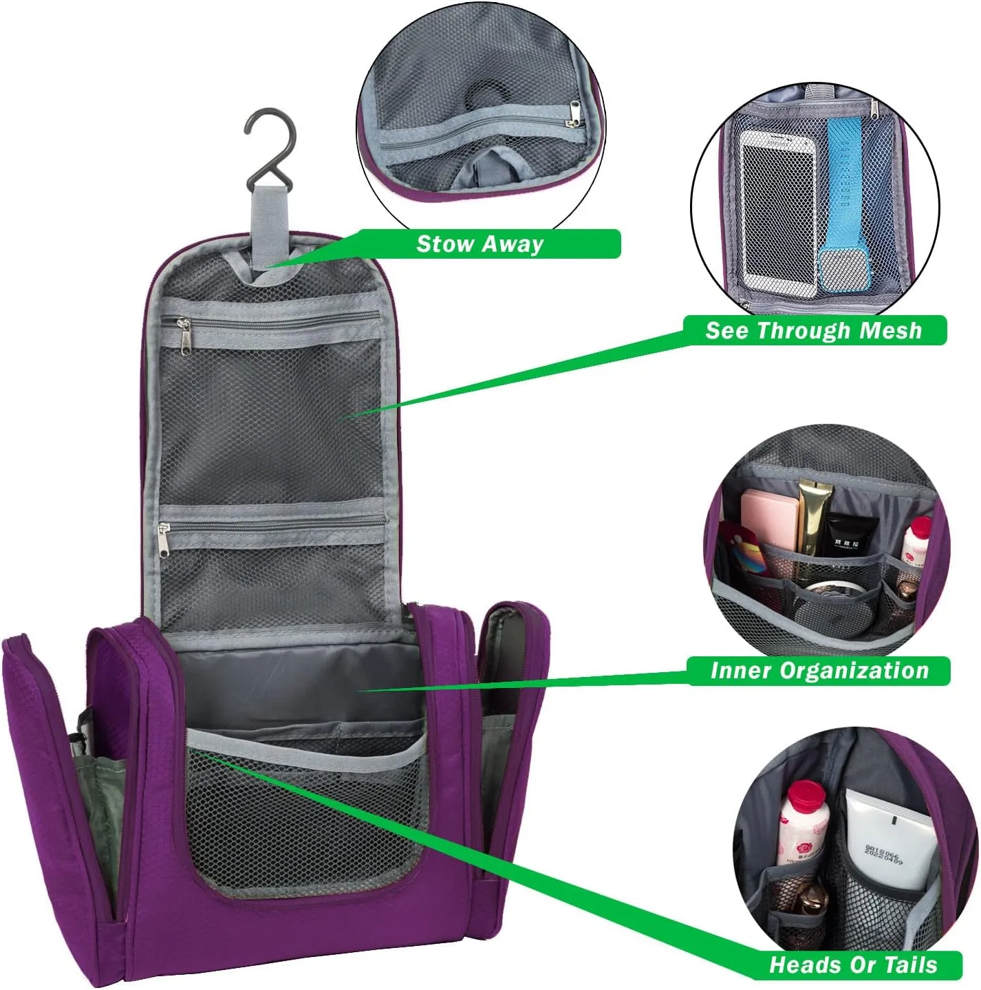 bago Travel Toiletry Bag for Women and Men - Large Waterproof Hanging Toiletry Bag for Bathroom and Travel Bag for Toiletries Organizer (Purple)