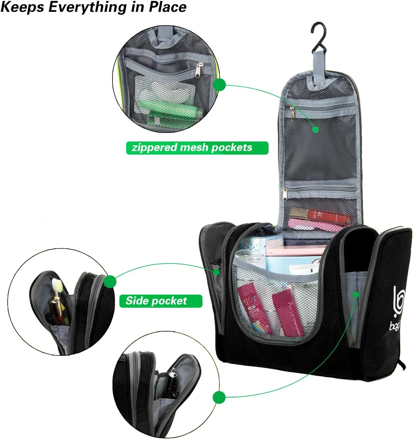 bago Travel Toiletry Bag for Women and Men X-Large Waterproof Hanging Large Toiletry Bag for Bathroom and Travel Bag for Toiletries Organizer -Travel Makeup Bag (Black)