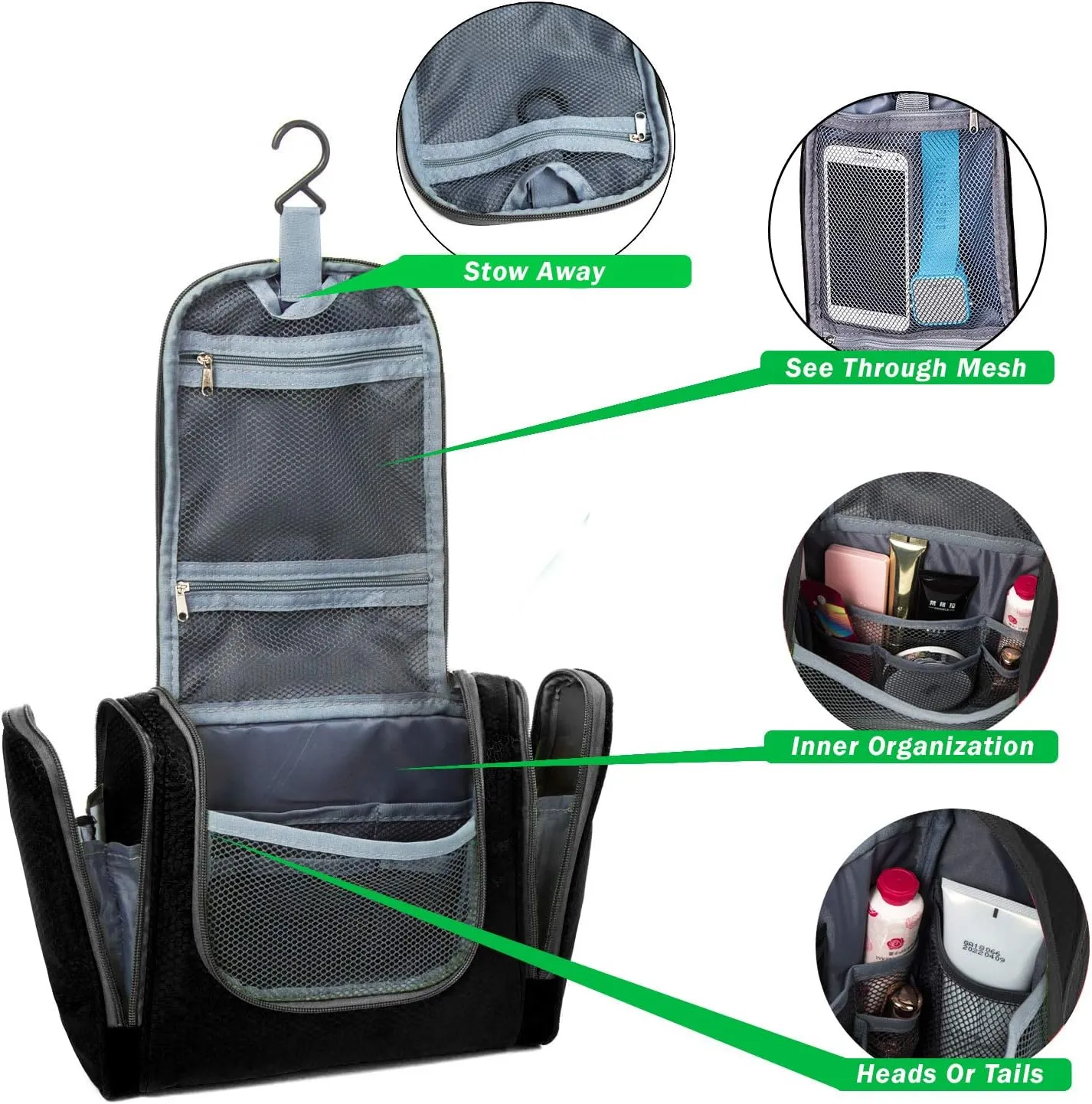 bago Travel Toiletry Bag for Women and Men X-Large Waterproof Hanging Large Toiletry Bag for Bathroom and Travel Bag for Toiletries Organizer -Travel Makeup Bag (Black)