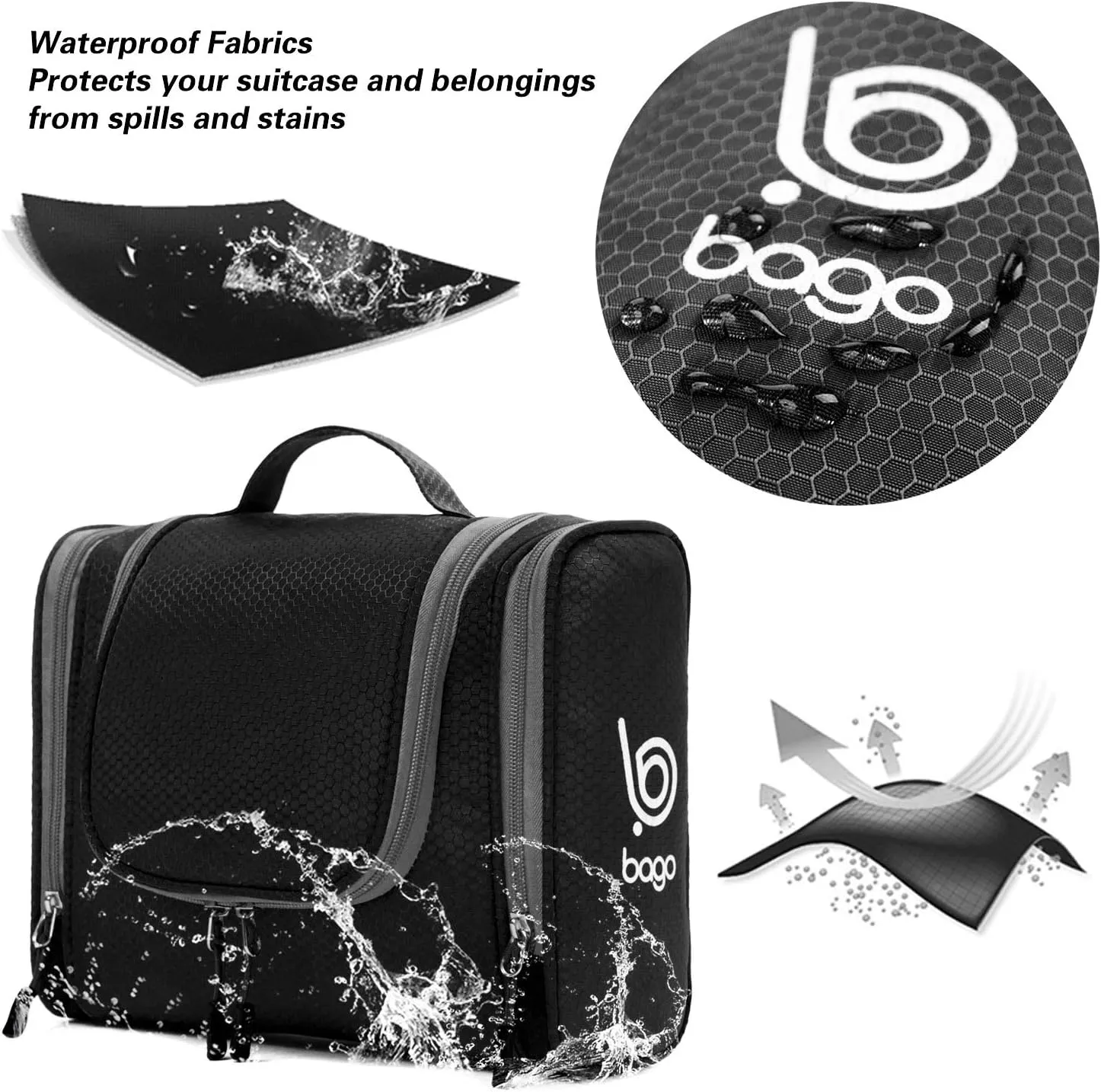 bago Travel Toiletry Bag for Women and Men X-Large Waterproof Hanging Large Toiletry Bag for Bathroom and Travel Bag for Toiletries Organizer -Travel Makeup Bag (Black)