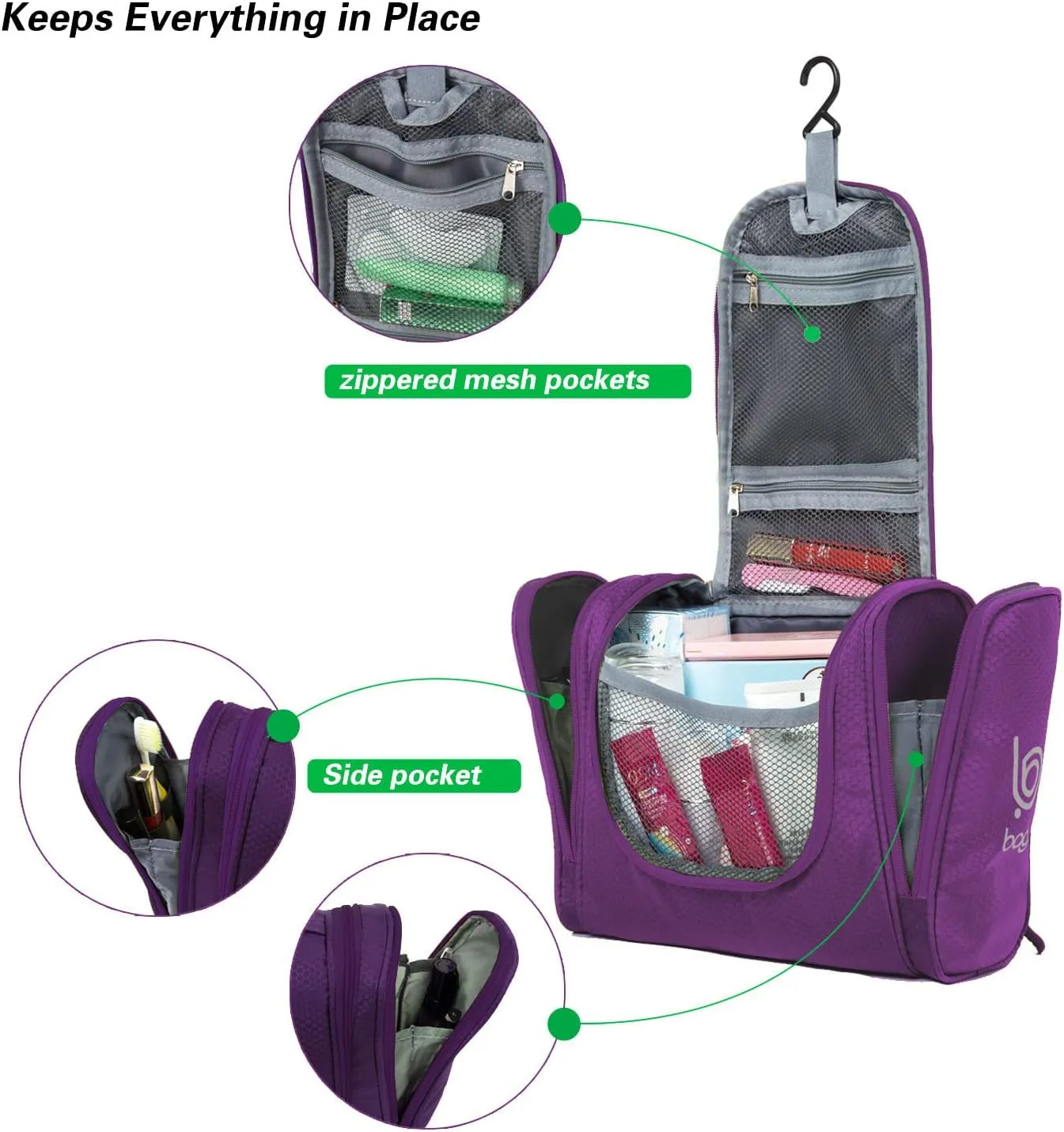 bago Travel Toiletry Bag for Women and Men X-Large Waterproof Hanging Large Toiletry Bag for Bathroom and Travel Bag for Toiletries Organizer -Travel Makeup Bag (Purple)