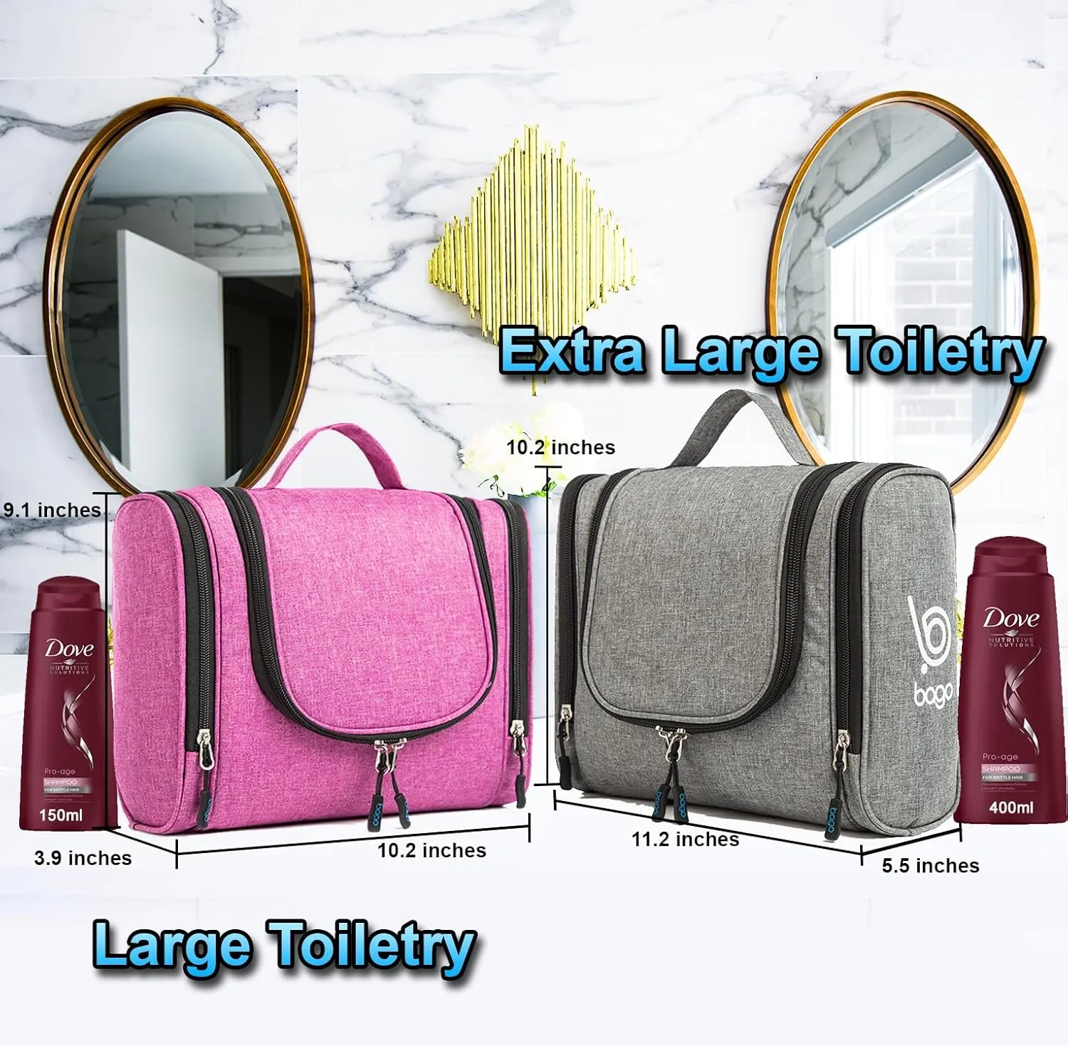 bago Travel Toiletry Bag - Large Waterproof Hanging Toiletry Bag for Women and Men - SnowBlue