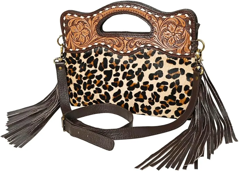 Bags OHA113 Clutch Hand Tooled Hair-On Genuine Leather Women Bag Western Handbag Purse, Brown