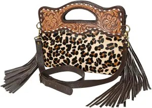 Bags OHA113 Clutch Hand Tooled Hair-On Genuine Leather Women Bag Western Handbag Purse, Brown