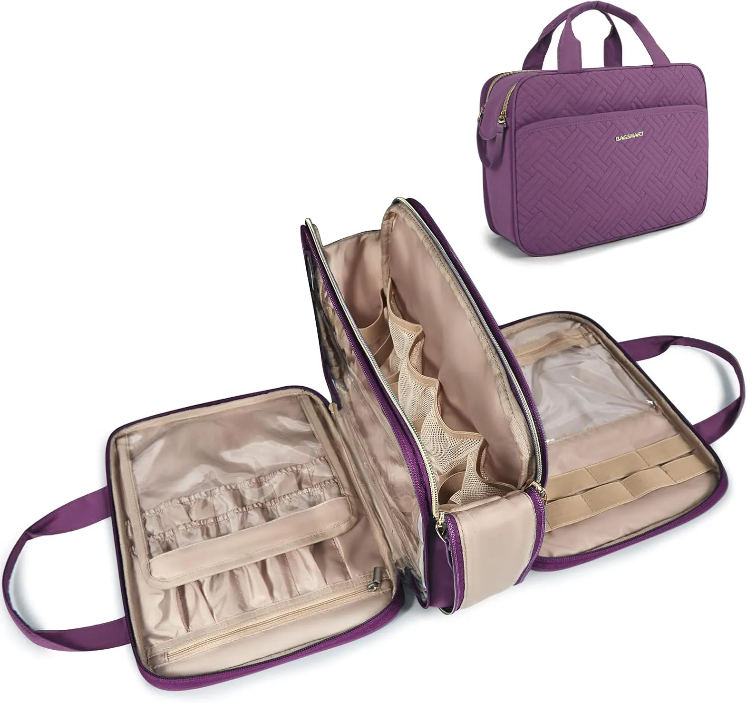 BAGSMART Large Toiletry Bag, Travel Makeup Organizer Water-resistant Makeup Cosmetic Bag Travel Bag for Accessories, Shampoo, Full Sized Container, Toiletries (Purple, Medium)