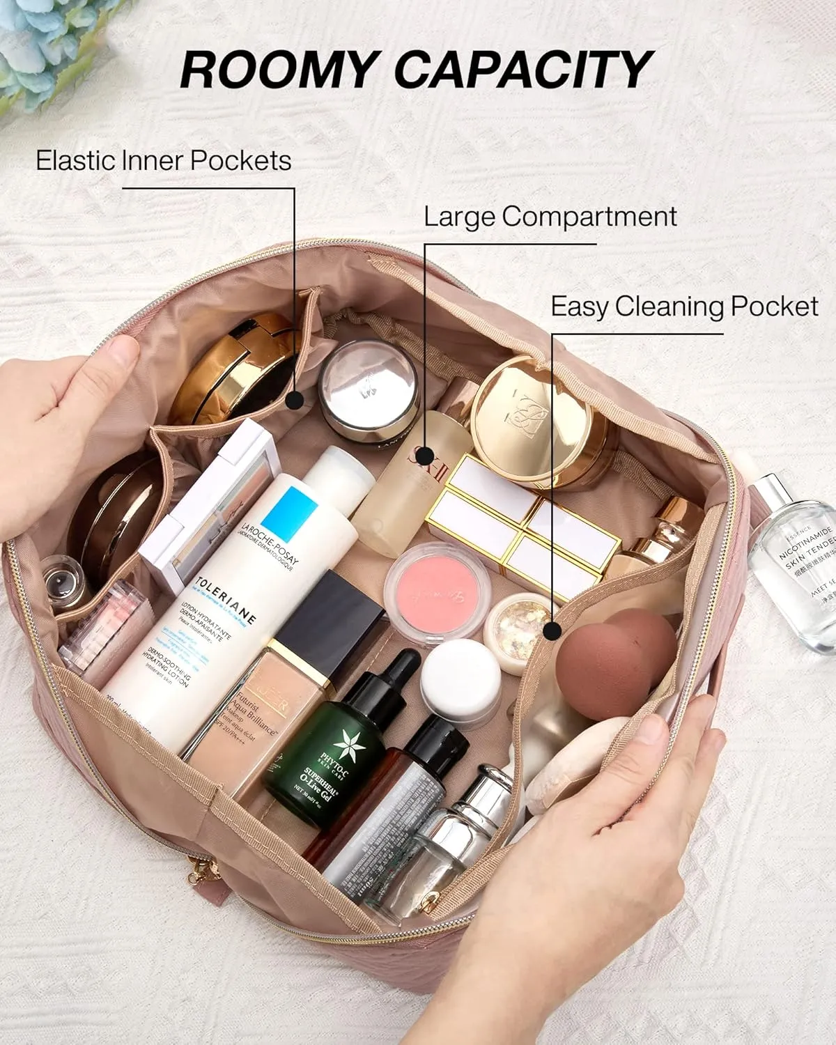 BAGSMART Makeup Bag, Travel Cosmetic Bags Water-resistent Makeup Case for Women Portable Pouch Open Flat Make Up Organizer for Toiletries, Brushes, Pink