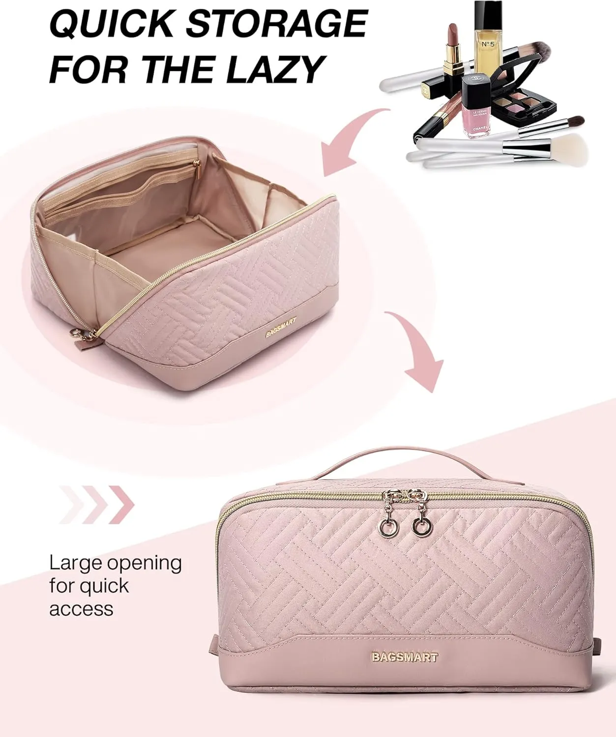 BAGSMART Makeup Bag, Travel Cosmetic Bags Water-resistent Makeup Case for Women Portable Pouch Open Flat Make Up Organizer for Toiletries, Brushes, Pink