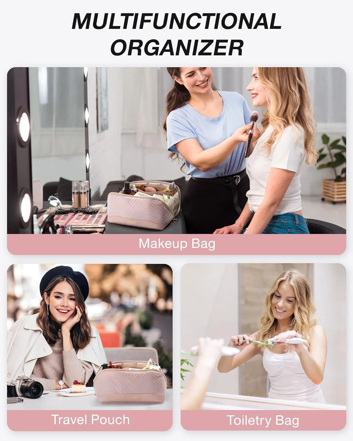 BAGSMART Makeup Bag, Travel Cosmetic Bags Water-resistent Makeup Case for Women Portable Pouch Open Flat Make Up Organizer for Toiletries, Brushes, Pink