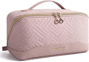 BAGSMART Makeup Bag, Travel Cosmetic Bags Water-resistent Makeup Case for Women Portable Pouch Open Flat Make Up Organizer for Toiletries, Brushes, Pink