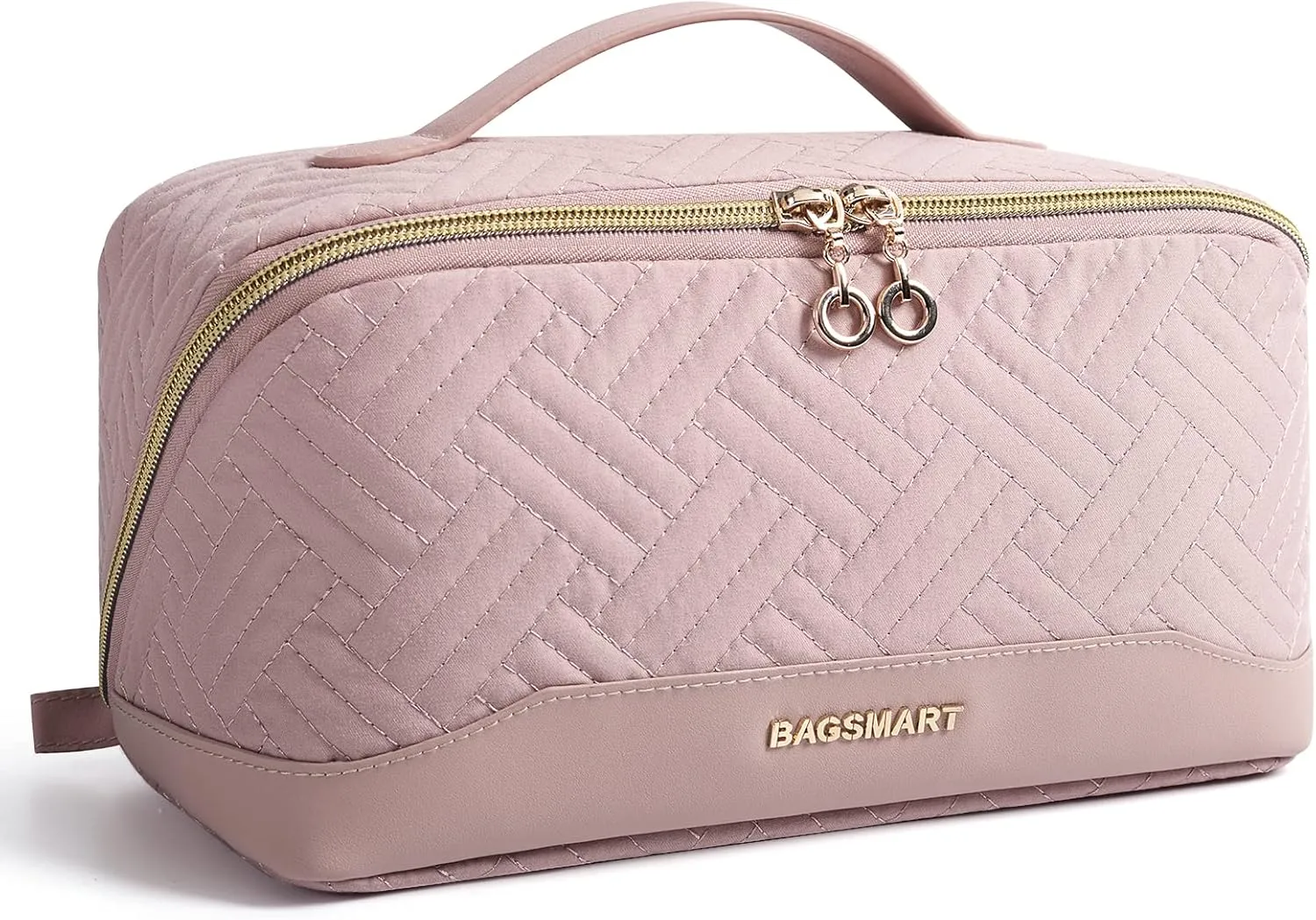 BAGSMART Makeup Bag, Travel Cosmetic Bags Water-resistent Makeup Case for Women Portable Pouch Open Flat Make Up Organizer for Toiletries, Brushes, Pink