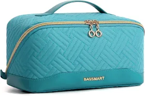 BAGSMART Makeup Bag, Travel Cosmetic Bags Water-resistent Makeup Case for Women Portable Pouch Open Flat Make Up Organizer for Toiletries, Brushes, Teal