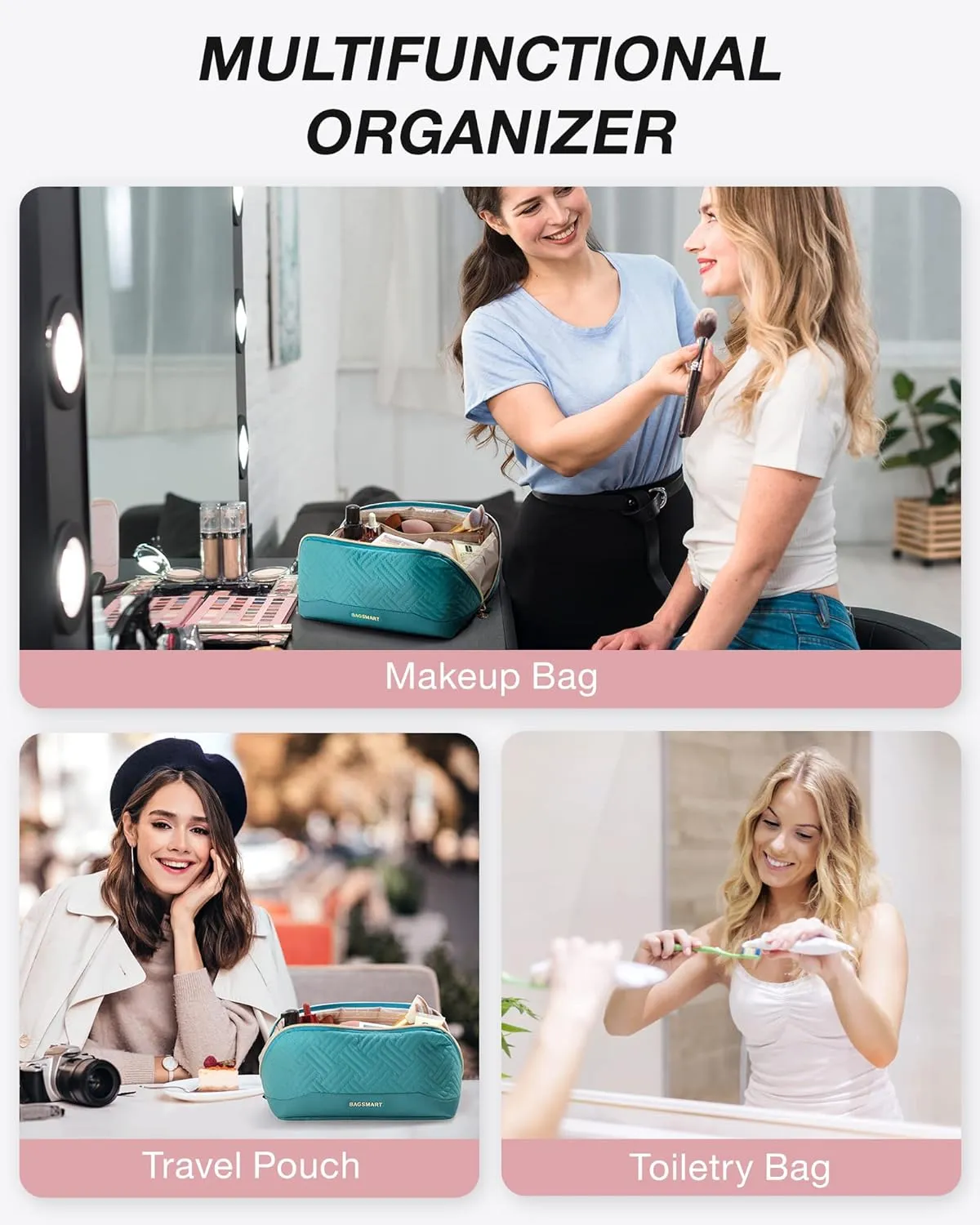 BAGSMART Makeup Bag, Travel Cosmetic Bags Water-resistent Makeup Case for Women Portable Pouch Open Flat Make Up Organizer for Toiletries, Brushes, Teal