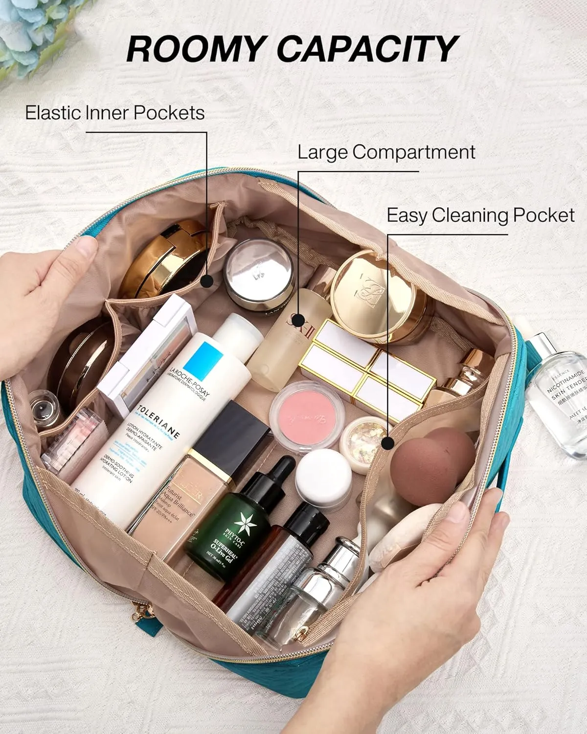 BAGSMART Makeup Bag, Travel Cosmetic Bags Water-resistent Makeup Case for Women Portable Pouch Open Flat Make Up Organizer for Toiletries, Brushes, Teal