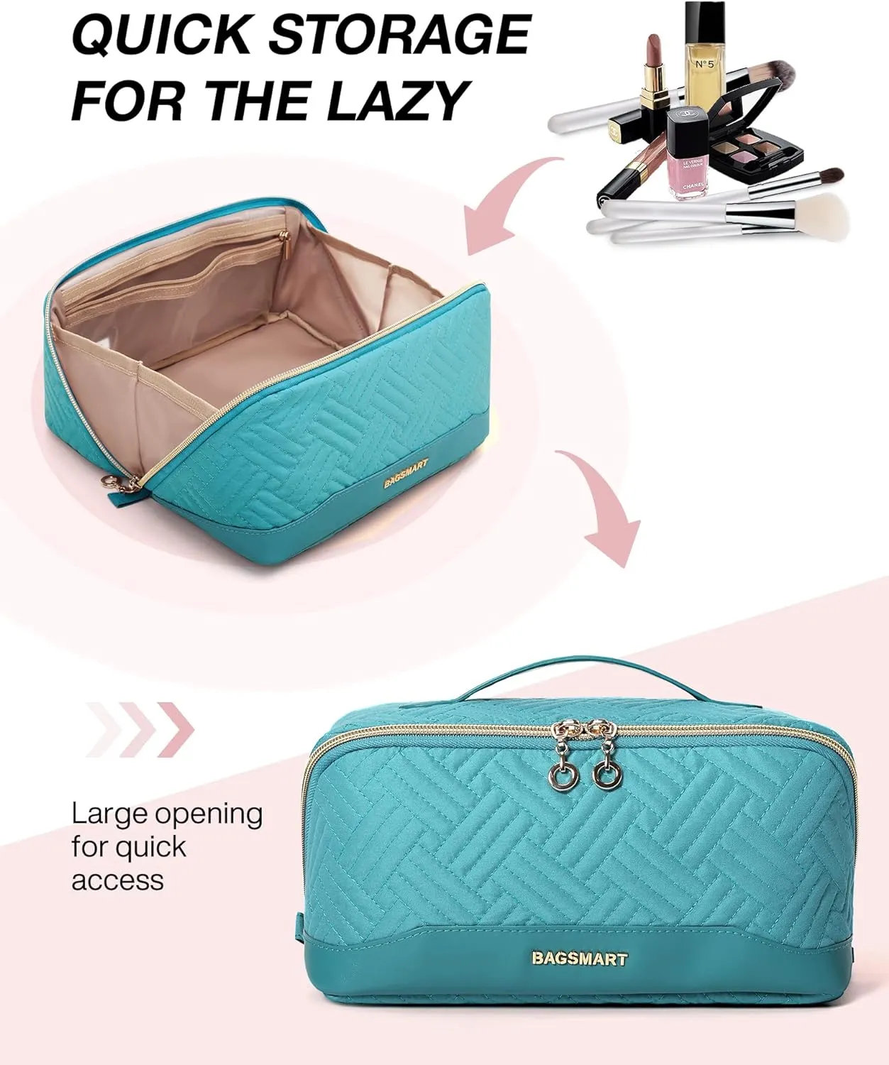 BAGSMART Makeup Bag, Travel Cosmetic Bags Water-resistent Makeup Case for Women Portable Pouch Open Flat Make Up Organizer for Toiletries, Brushes, Teal