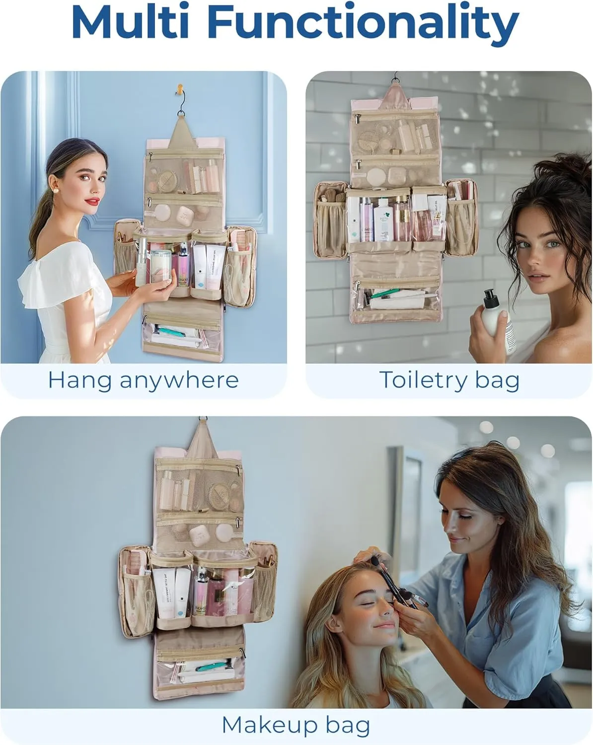 BAGSMART Travel Toiletry Bag, Extra Large Full-open Hanging Toiletry Bag for Women, Puffy Cosmetic Makeup Bag Organizer with Handle for Accessories, Essentials, Toiletries (Beige 13''L)