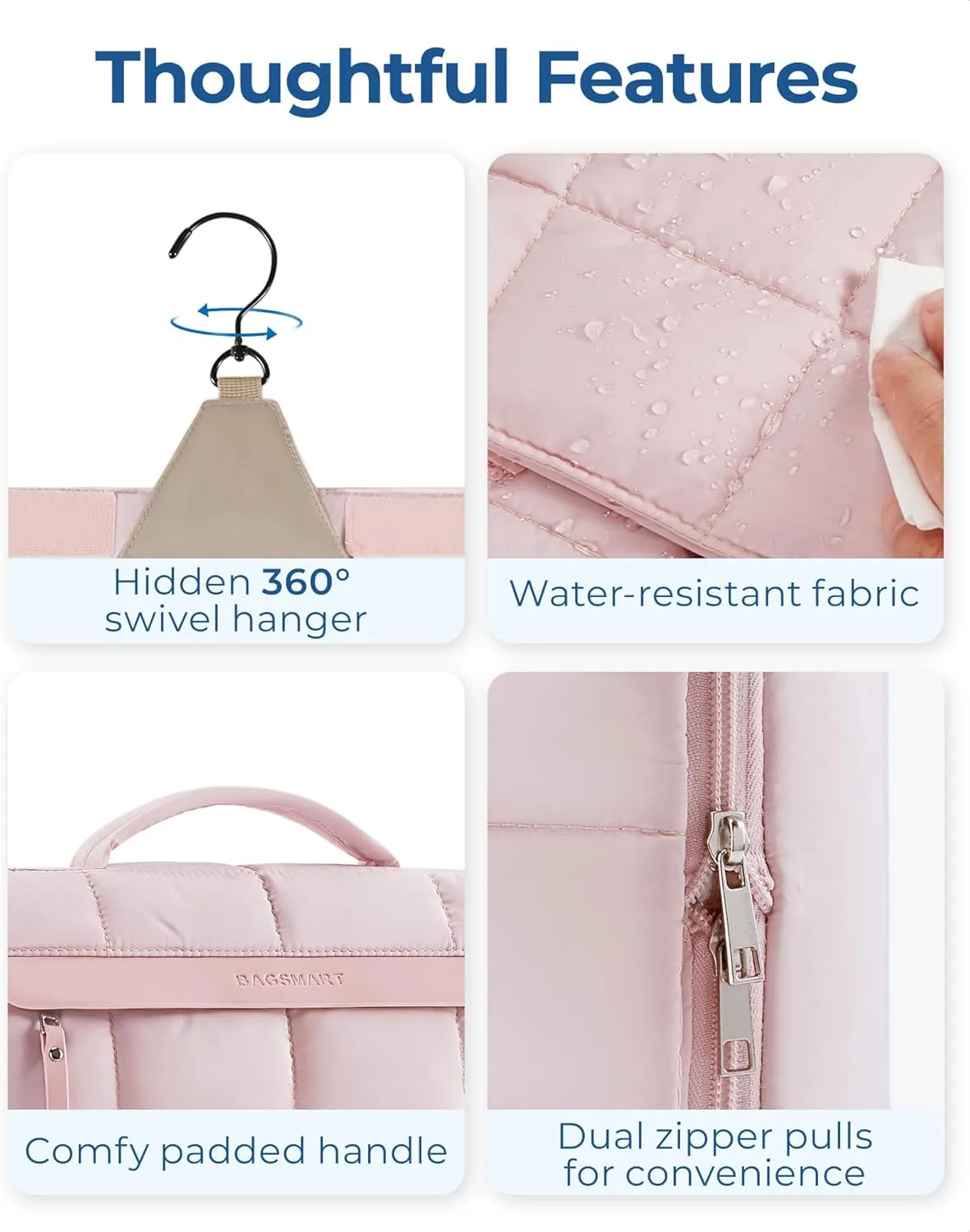 BAGSMART Travel Toiletry Bag, Extra Large Full-open Hanging Toiletry Bag for Women, Puffy Cosmetic Makeup Bag Organizer with Handle for Accessories, Essentials, Toiletries (Pink 13''L)