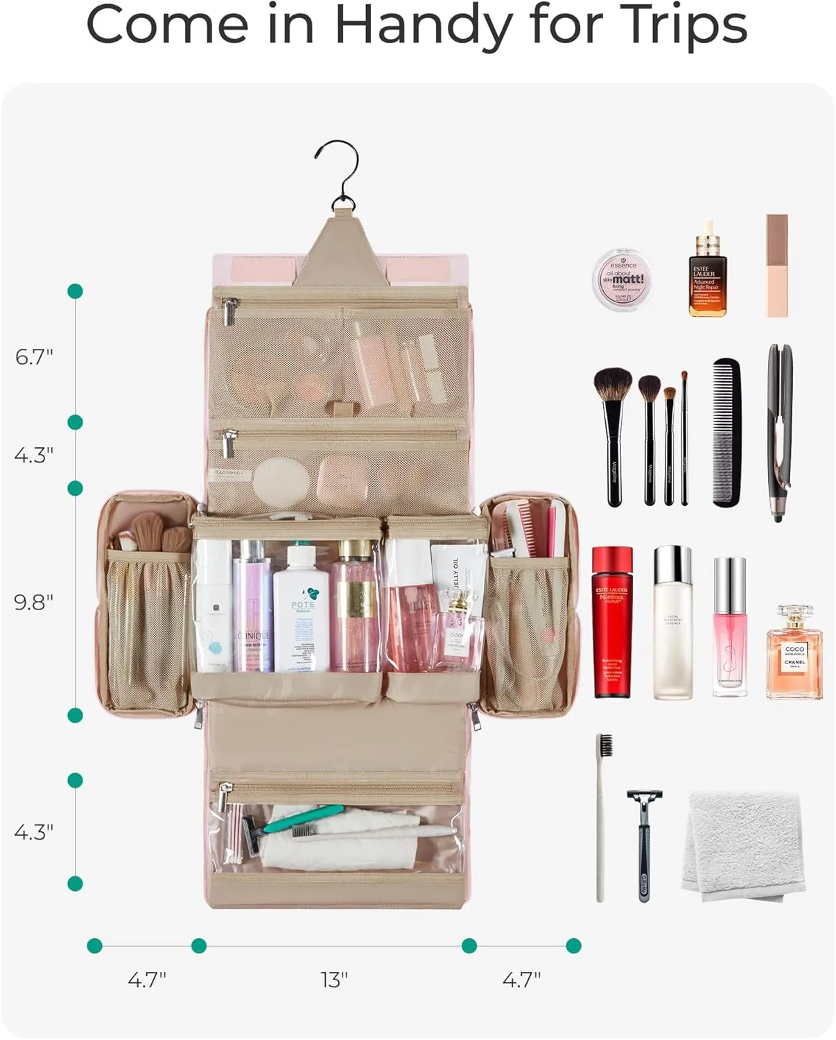 BAGSMART Travel Toiletry Bag, Extra Large Full-open Hanging Toiletry Bag for Women, Puffy Cosmetic Makeup Bag Organizer with Handle for Accessories, Essentials, Toiletries (Pink 13''L)