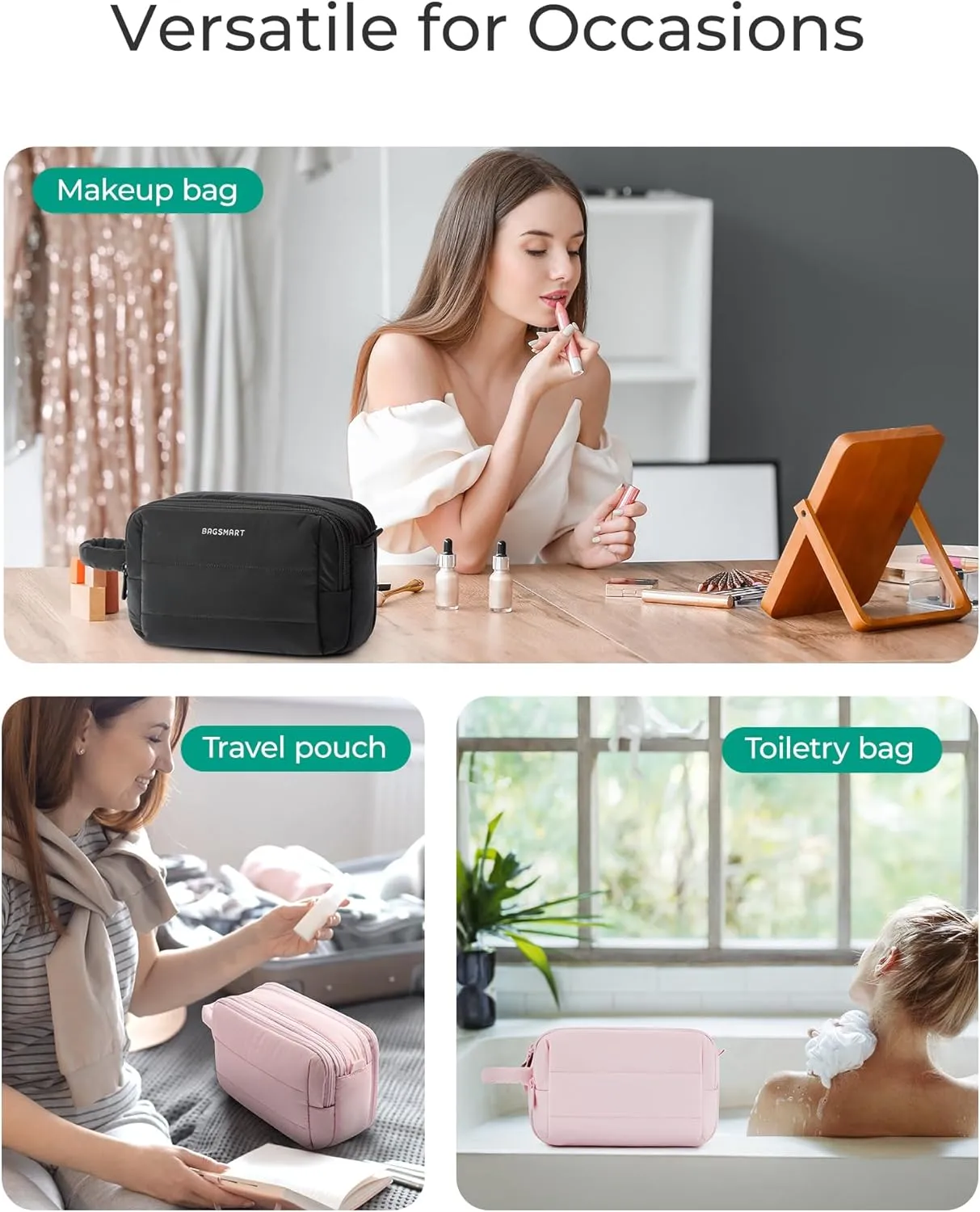 BAGSMART Travel Toiletry Bag for Women, Puffy Cosmetic Makeup Bag Organizer, Large Wide-open Travel Organizer for Toiletries, Dopp Kit Water-resistant Makeup Case for Accessories-Black