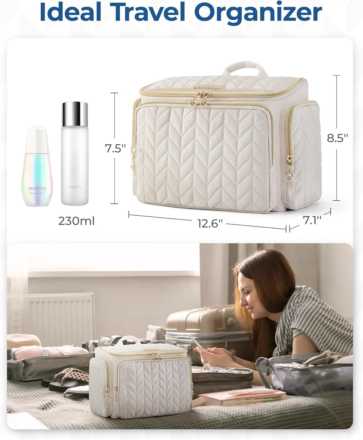 BAGSMART Travel Toiletry Bag, Large Wide-open Travel Bag for Toiletries, Makeup Cosmetic Travel Bag with Handle-Camel
