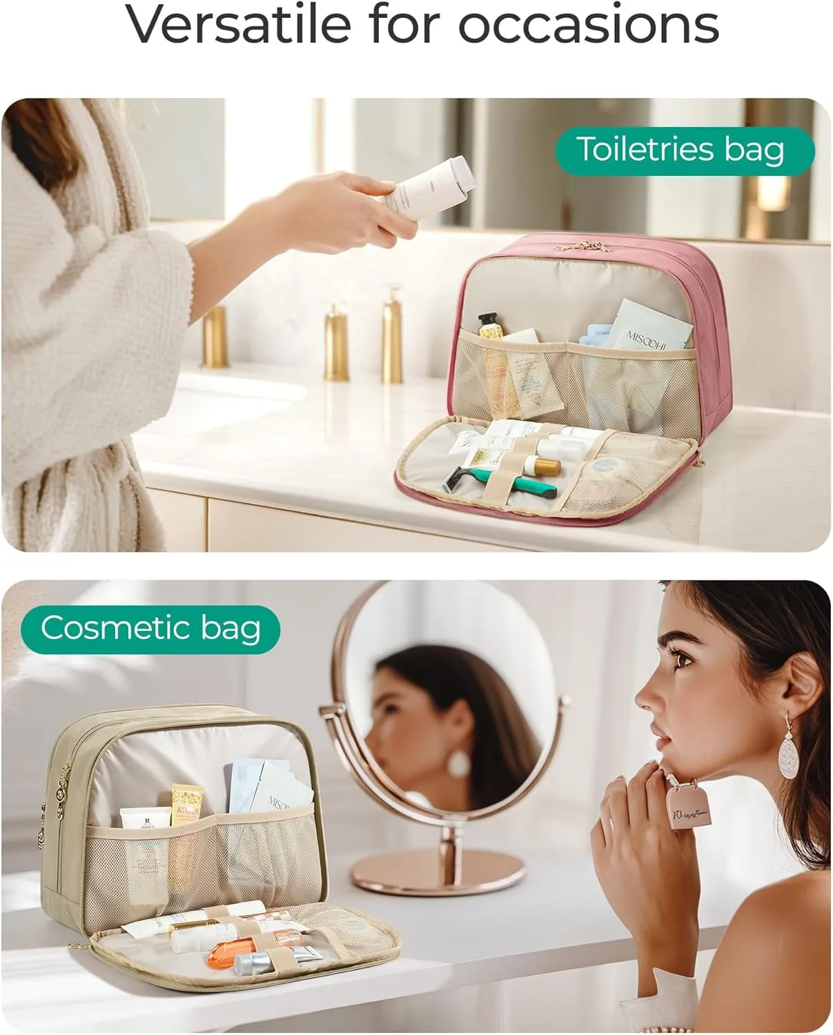 BAGSMART Travel Toiletry Bag, Large Wide-open Travel Bag for Toiletries, Puffy Makeup Cosmetic Travel Bag with Handle-Dark Pink