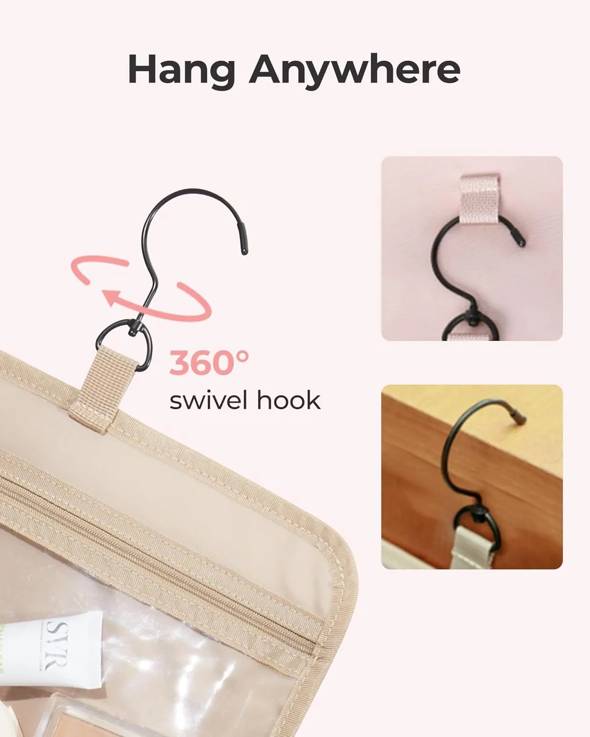 BAGSMART Travel Toiletry Bag with Jewelry Organizer, Hanging Travel Bag for Toiletries, Makeup Cosmetic Bag Organizer, Carry-on Travel Accessories Essentials, Camel-L