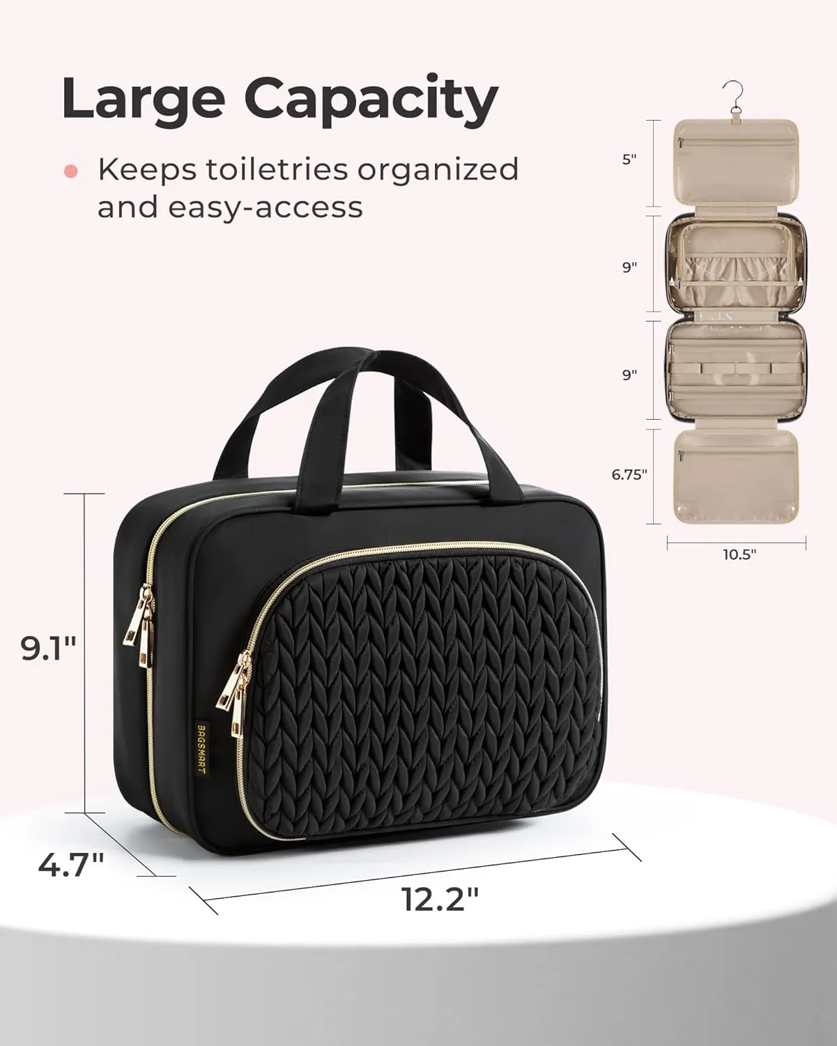 BAGSMART Travel Toiletry Bag with Jewelry Organizer, Hanging Travel Bag for Toiletries, Makeup Cosmetic Bag Organizer, Carry-on Travel Accessories Essentials, Camel-L