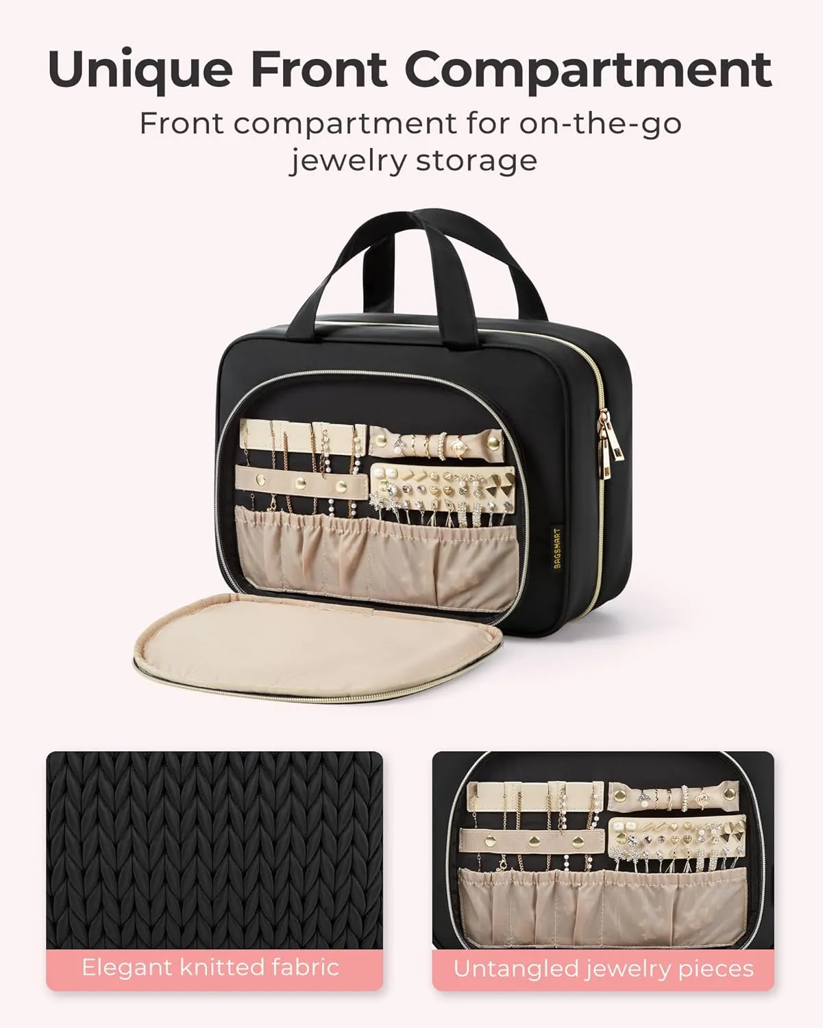 BAGSMART Travel Toiletry Bag with Jewelry Organizer, Hanging Travel Bag for Toiletries, Makeup Cosmetic Bag Organizer, Carry-on Travel Accessories Essentials, Camel-L