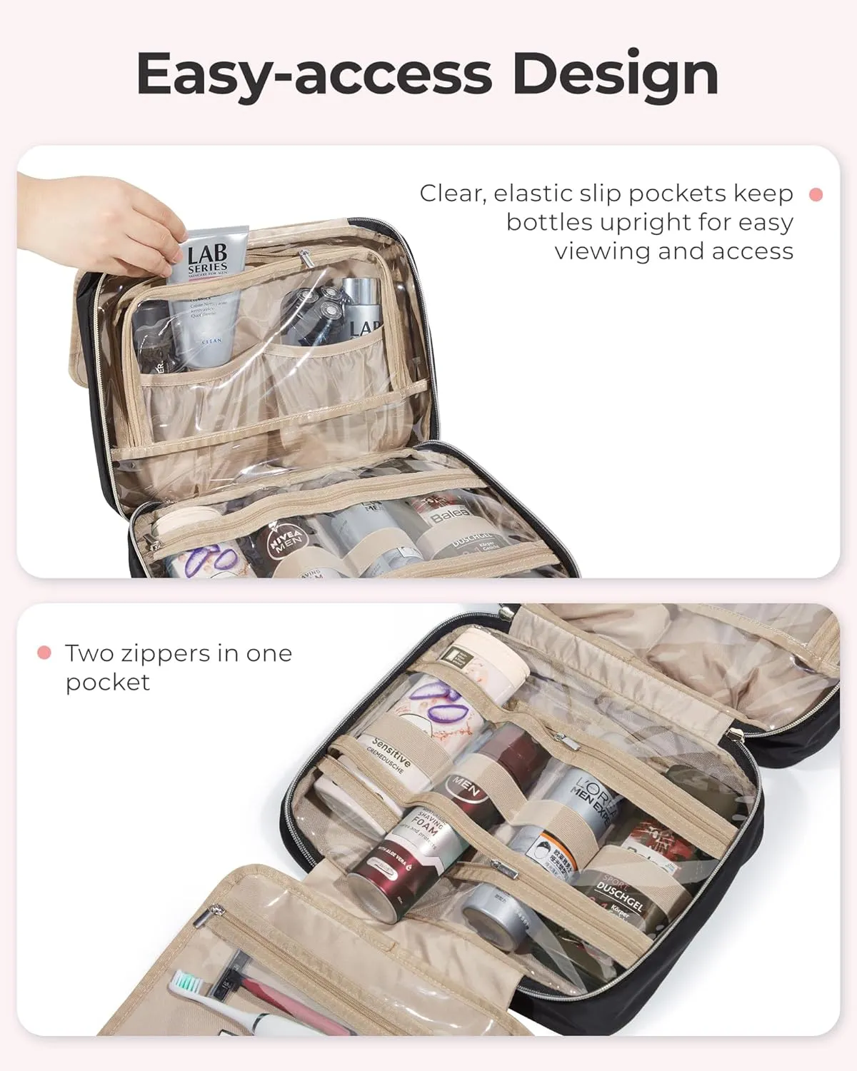 BAGSMART Travel Toiletry Bag with Jewelry Organizer, Hanging Travel Bag for Toiletries, Makeup Cosmetic Bag Organizer, Carry-on Travel Accessories Essentials, Camel-L