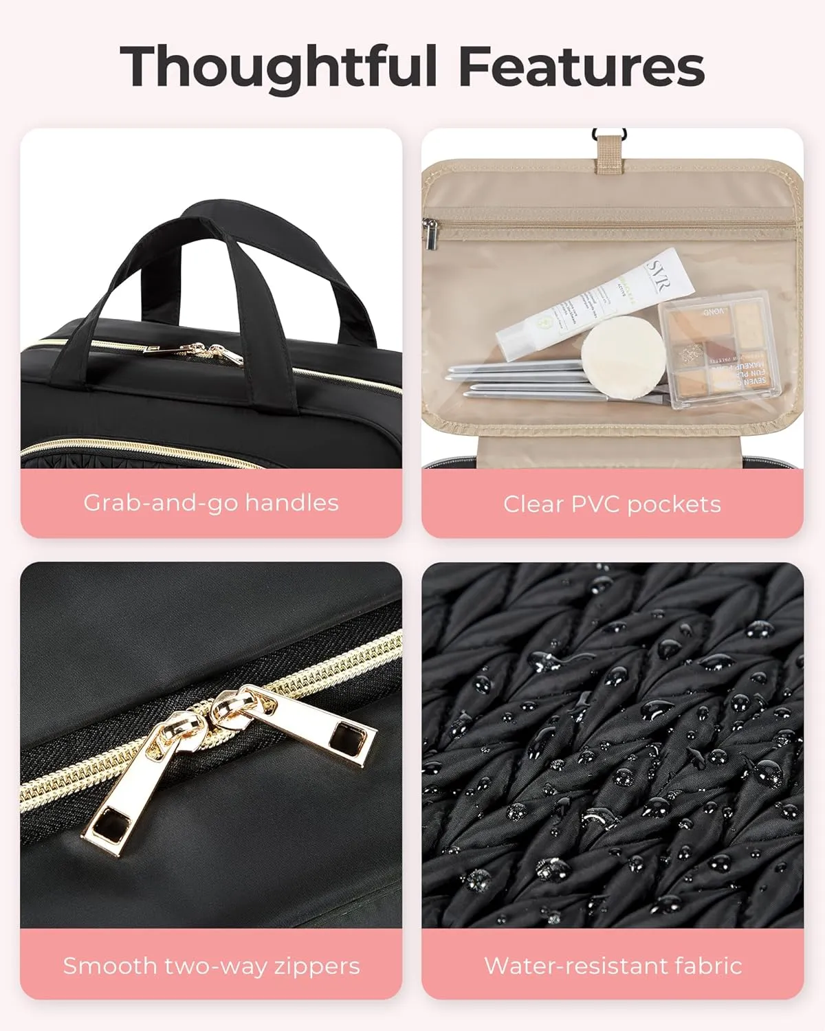 BAGSMART Travel Toiletry Bag with Jewelry Organizer, Hanging Travel Bag for Toiletries, Makeup Cosmetic Bag Organizer, Carry-on Travel Accessories Essentials, Camel-L