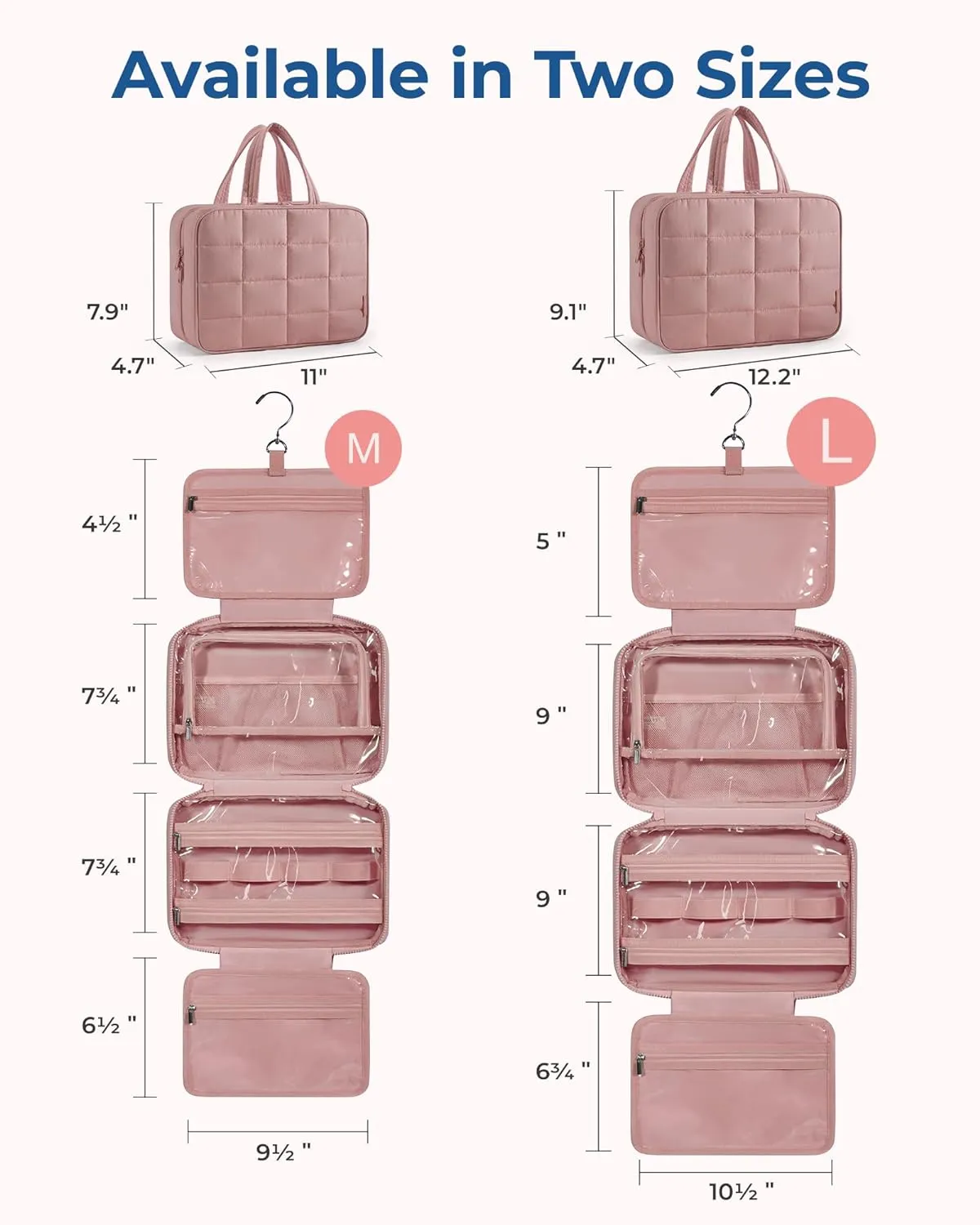 BAGSMART Travel Toiletry Bag with Jewelry Organizer, Hanging Travel Bag for Toiletries, Puffy Makeup Cosmetic Bag Organizer, Carry-on Travel Accessories Essentials, Dark Pink-L
