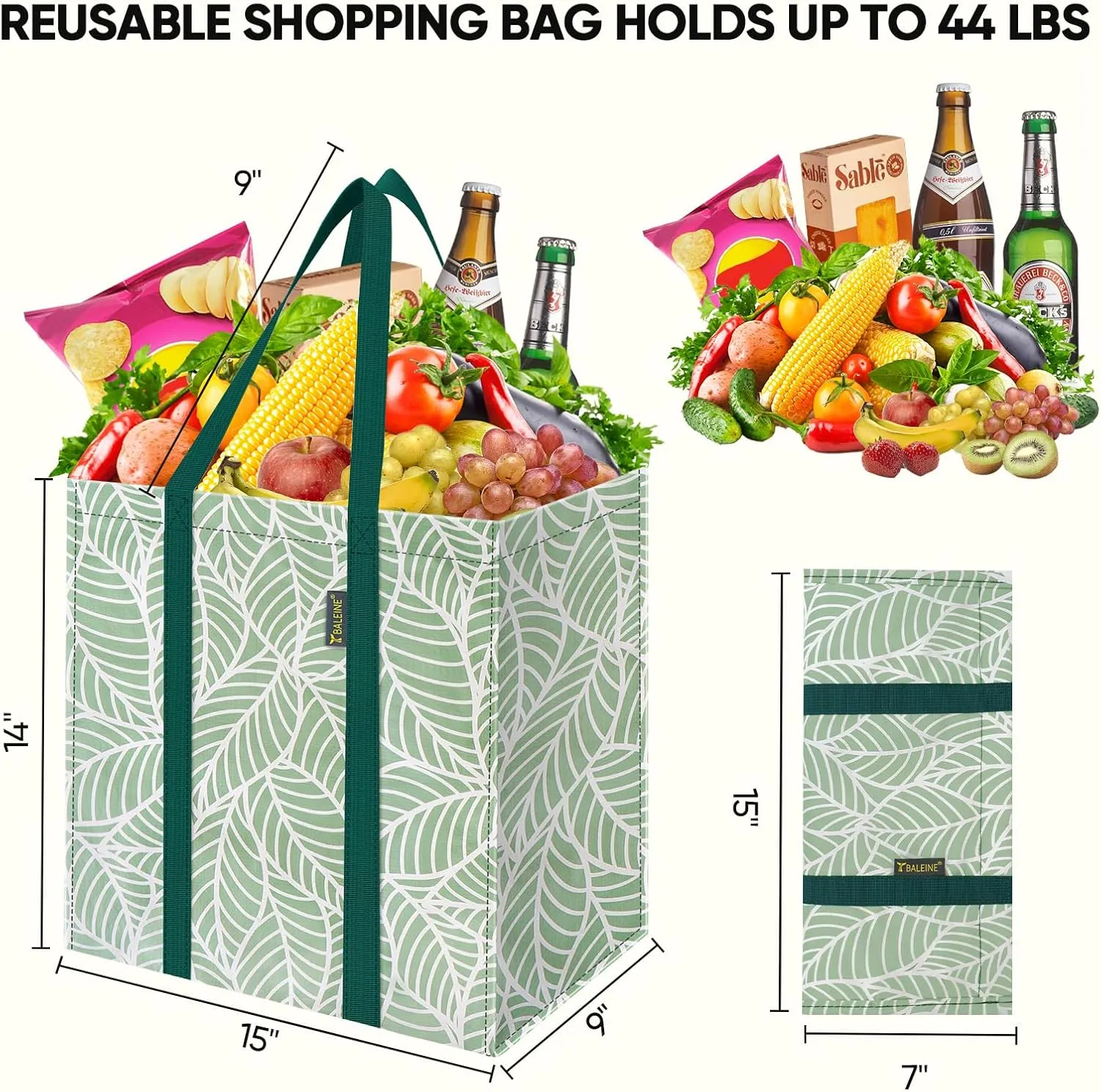 BALEINE 4 PK Grocery Bags Reusable Shopping Bags with Reinforced Bottom, Heavy Duty Foldable Tote Bags (Antique Folidage)