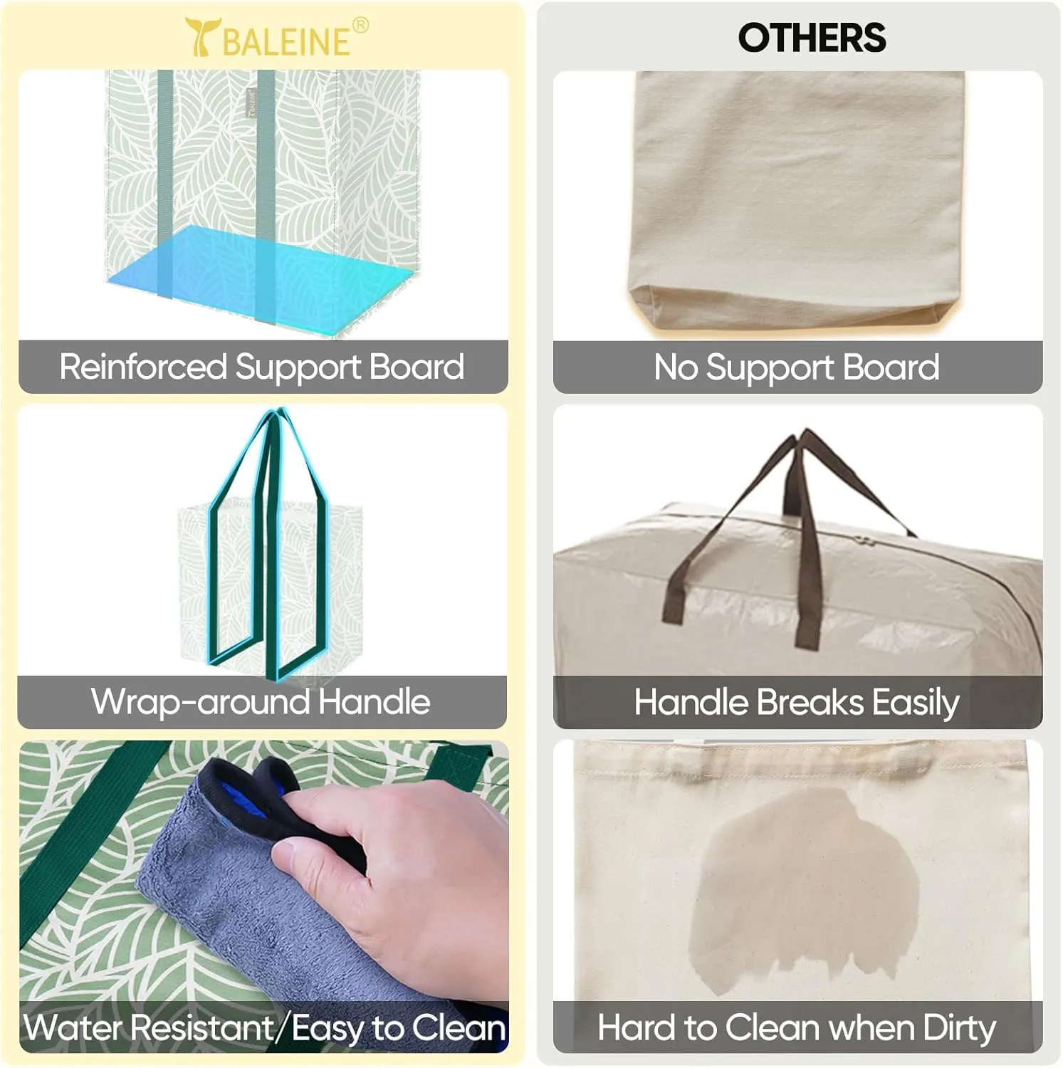 BALEINE 4 PK Grocery Bags Reusable Shopping Bags with Reinforced Bottom, Heavy Duty Foldable Tote Bags (Antique Folidage)