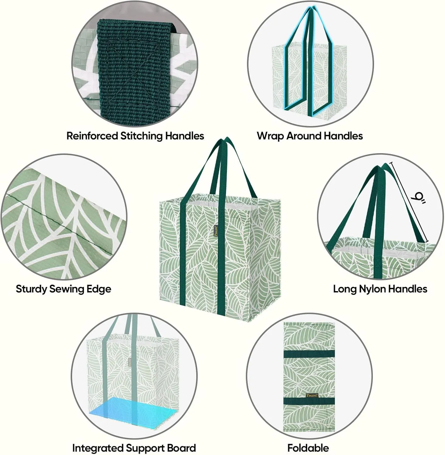 BALEINE 4 PK Grocery Bags Reusable Shopping Bags with Reinforced Bottom, Heavy Duty Foldable Tote Bags (Antique Folidage)
