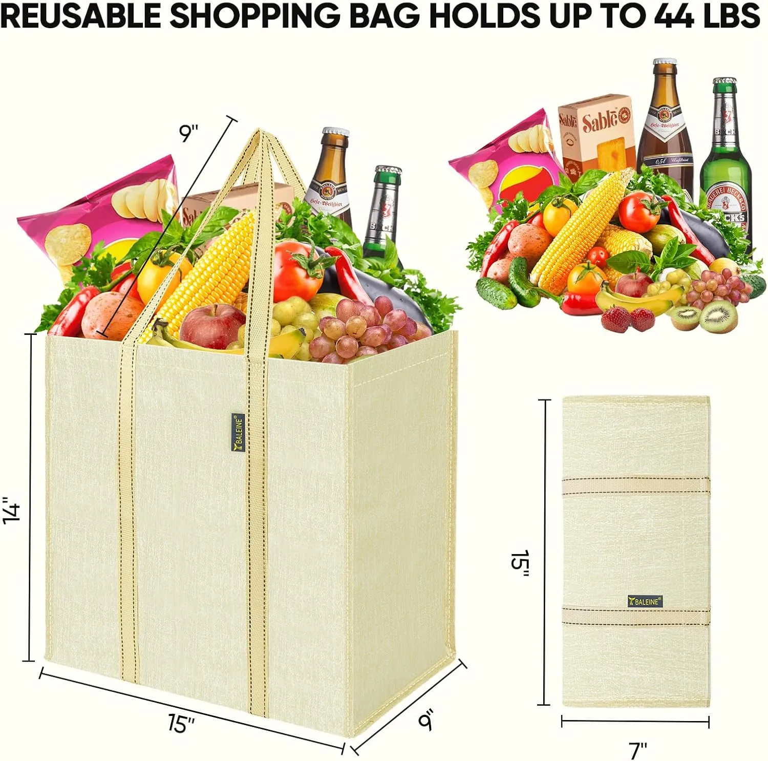 BALEINE 4 PK Grocery Bags Reusable Shopping Bags with Reinforced Bottom, Heavy Duty Foldable Tote Bags (Beige)