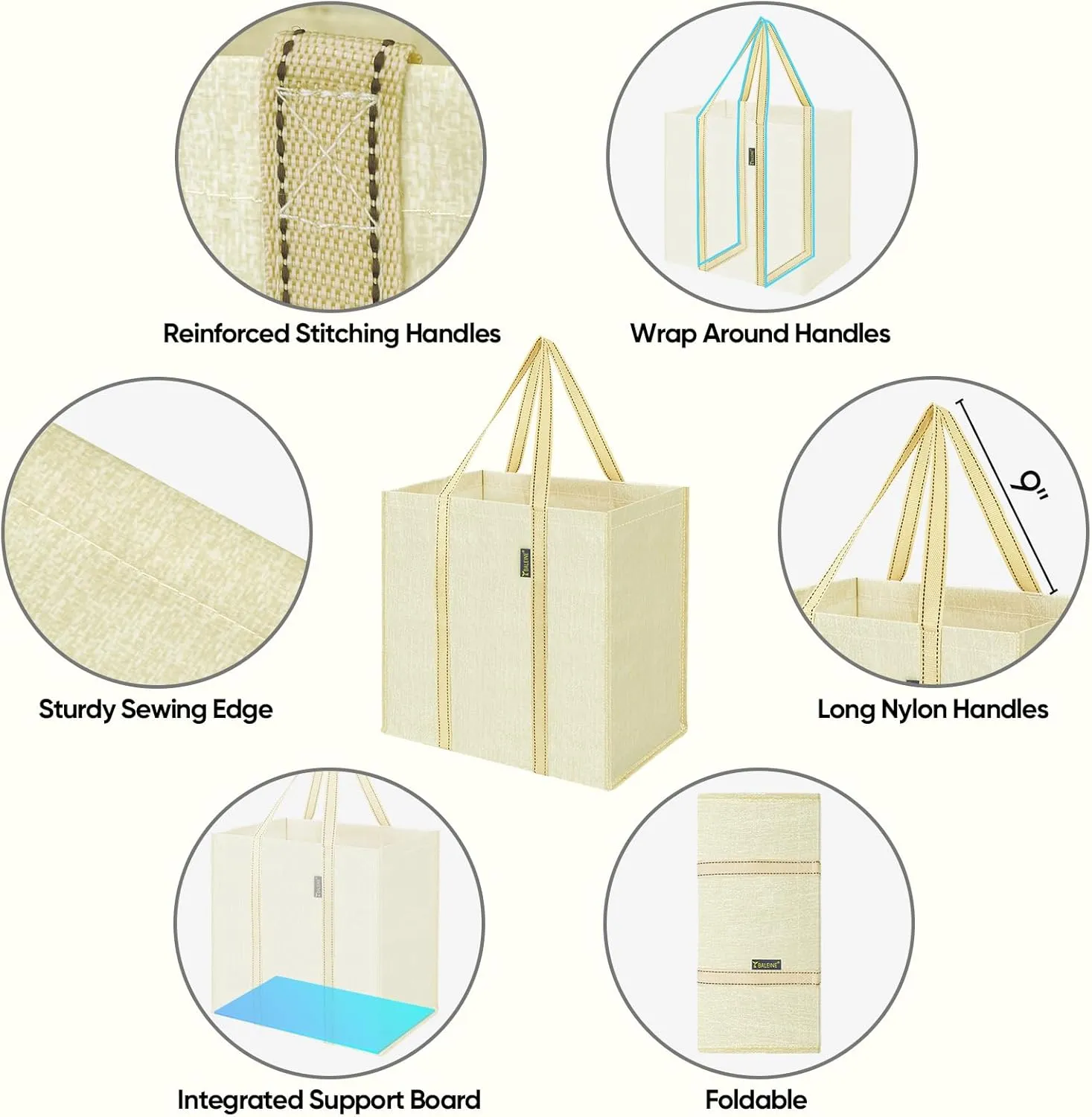 BALEINE 4 PK Grocery Bags Reusable Shopping Bags with Reinforced Bottom, Heavy Duty Foldable Tote Bags (Beige)