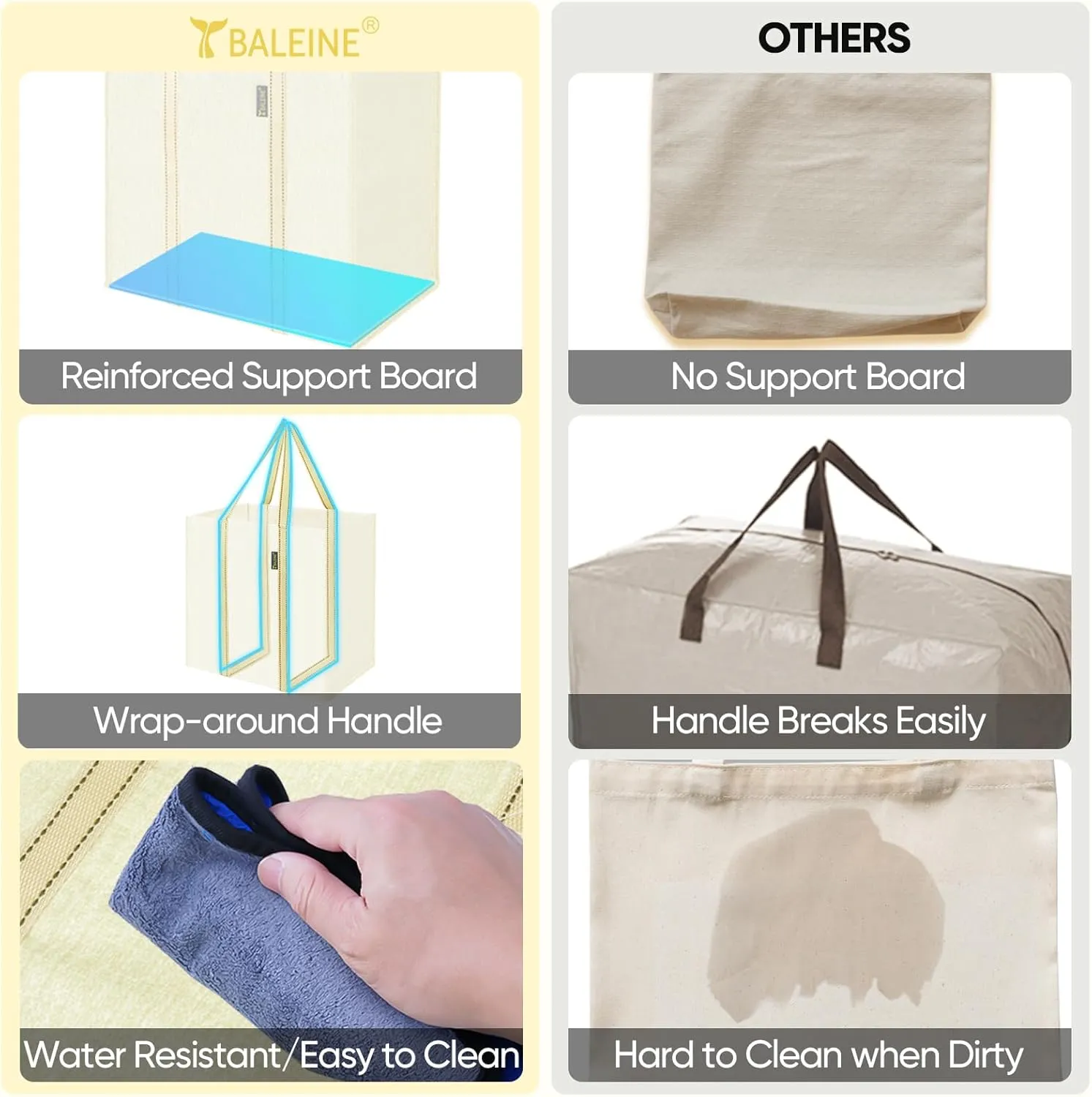 BALEINE 4 PK Grocery Bags Reusable Shopping Bags with Reinforced Bottom, Heavy Duty Foldable Tote Bags (Beige)